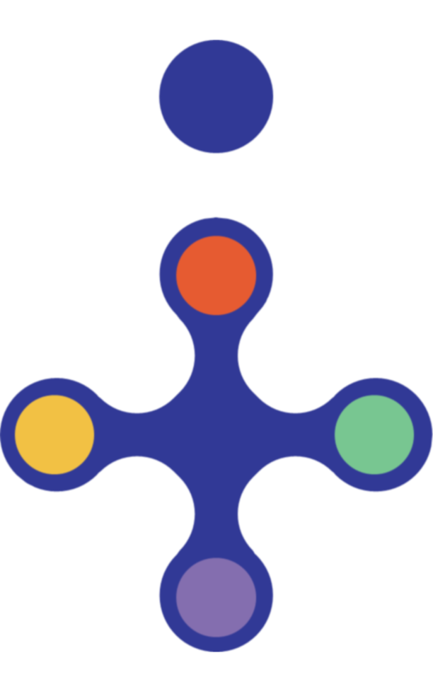 Colored circles connected by blue lines, forming a molecular or network diagram with a circle at the top and five connected circles of different colors below.