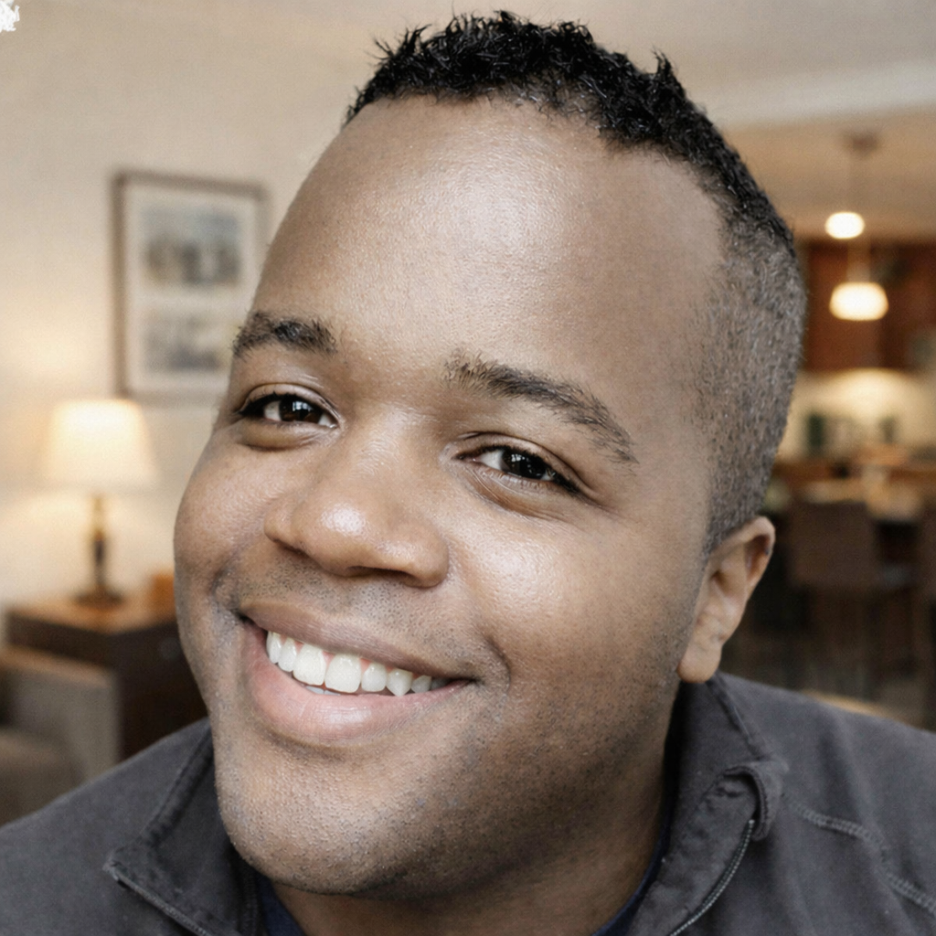Close-up of a smiling man with short black curly hair, wearing a dark jacket, in a warmly lit indoor setting.