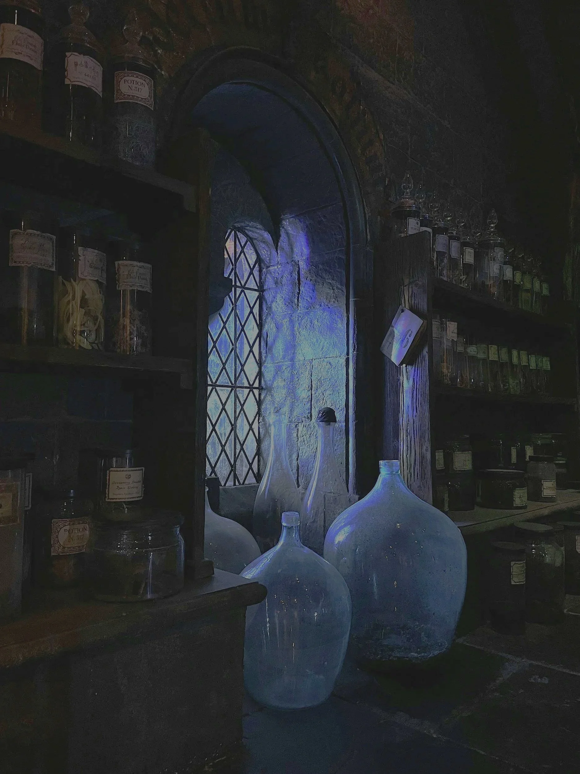 A shelf with bottles of potion behind glass doors, a small window with a black grille, and large glass bottles on a table in a dimly lit room.