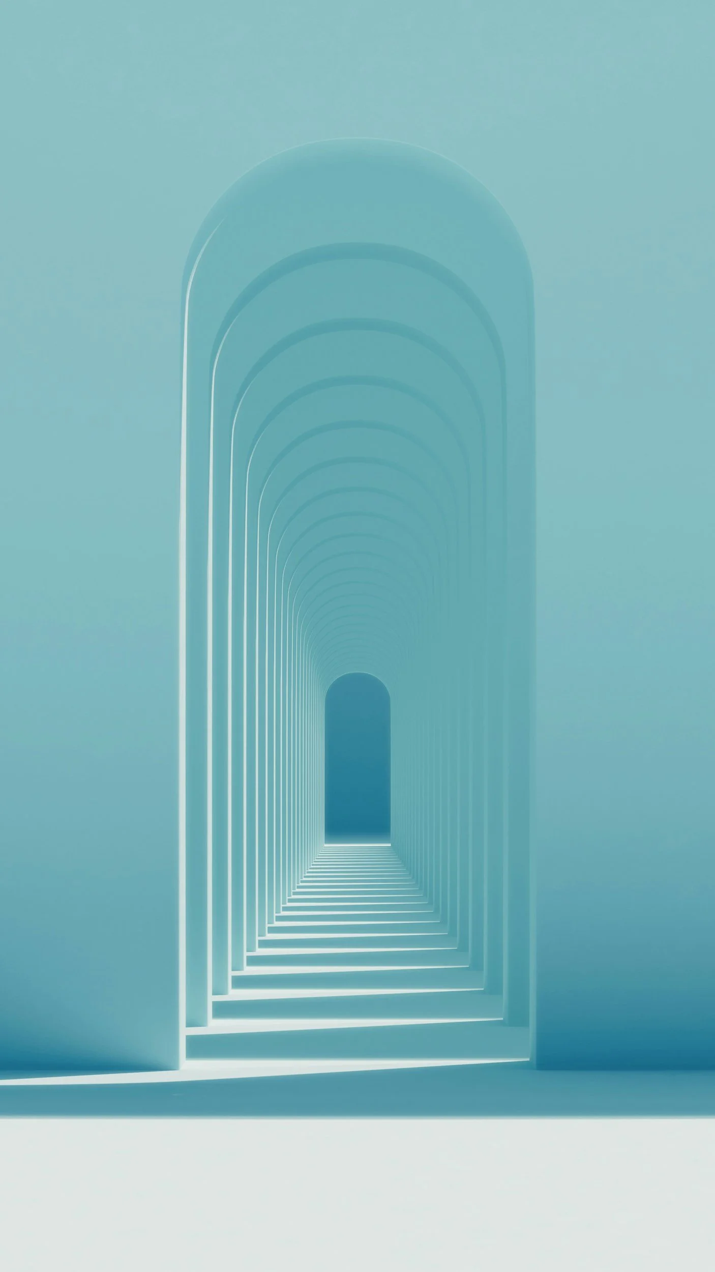 A series of archways with geometric patterns, creating a tunnel effect in shades of blue, leading to an opening at the end.