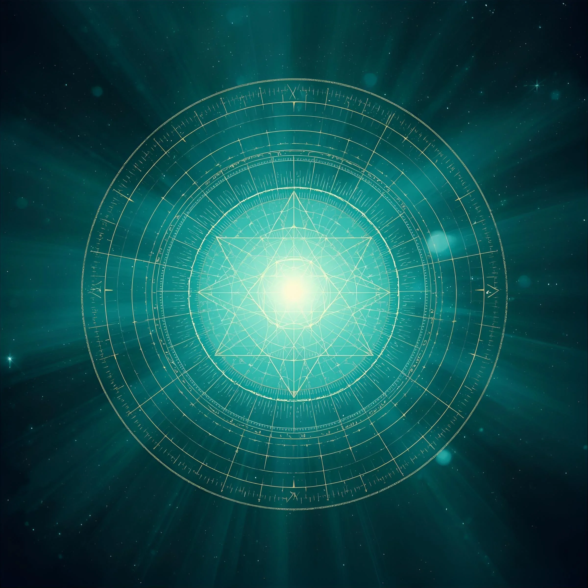Futuristic golden geometric circular design radiating with lines and intricate patterns on a teal cosmic background with stars.