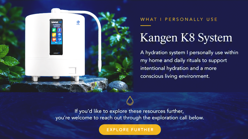 A white Kangen K8 System water ionizer with a digital screen, placed on a rock near water with plants in the background. The image promotes the system as part of a hydration routine for a healthy living environment, with a call-to-action button labeled 'Explore Further.'