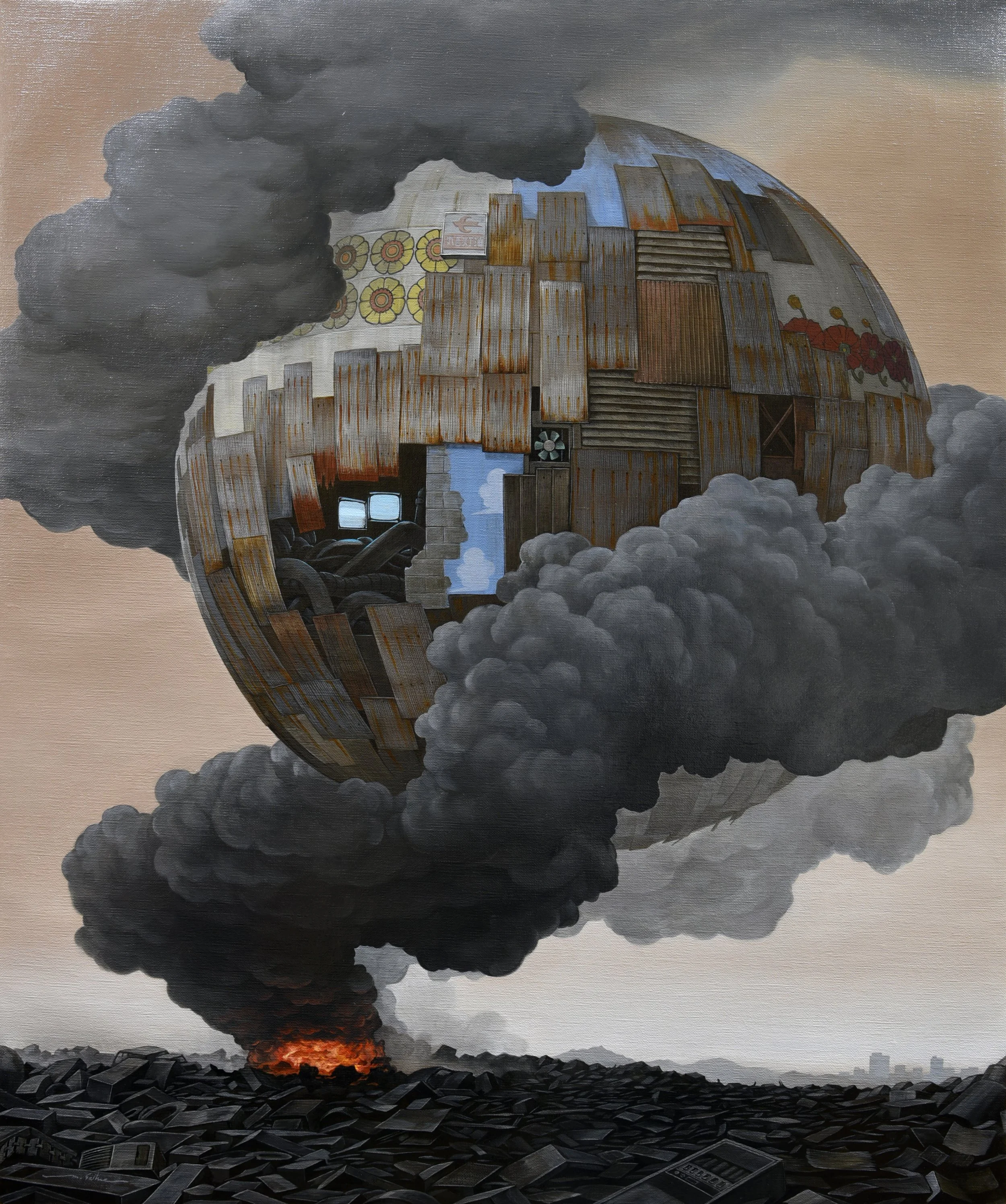 A painting depicting a large, floating house made of rusted metal and wood, surrounded by dark, thick smoke from a fire on the ground below, with a landscape of debris and distant city skyline in the background.