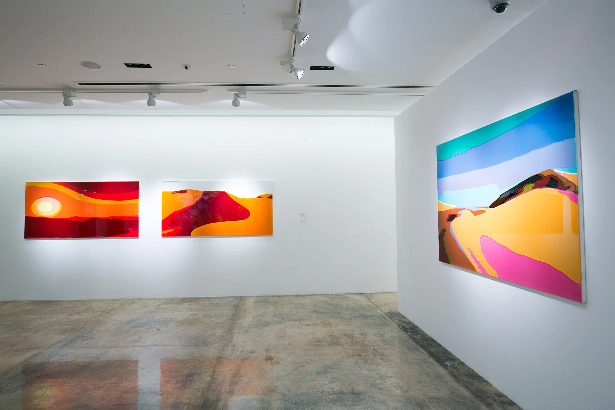 Large-scale abstract paintings by Peter Zimmermann installed in a contemporary exhibition in Qatar, curated by Mohamad Makouk for Core Art Strategies.