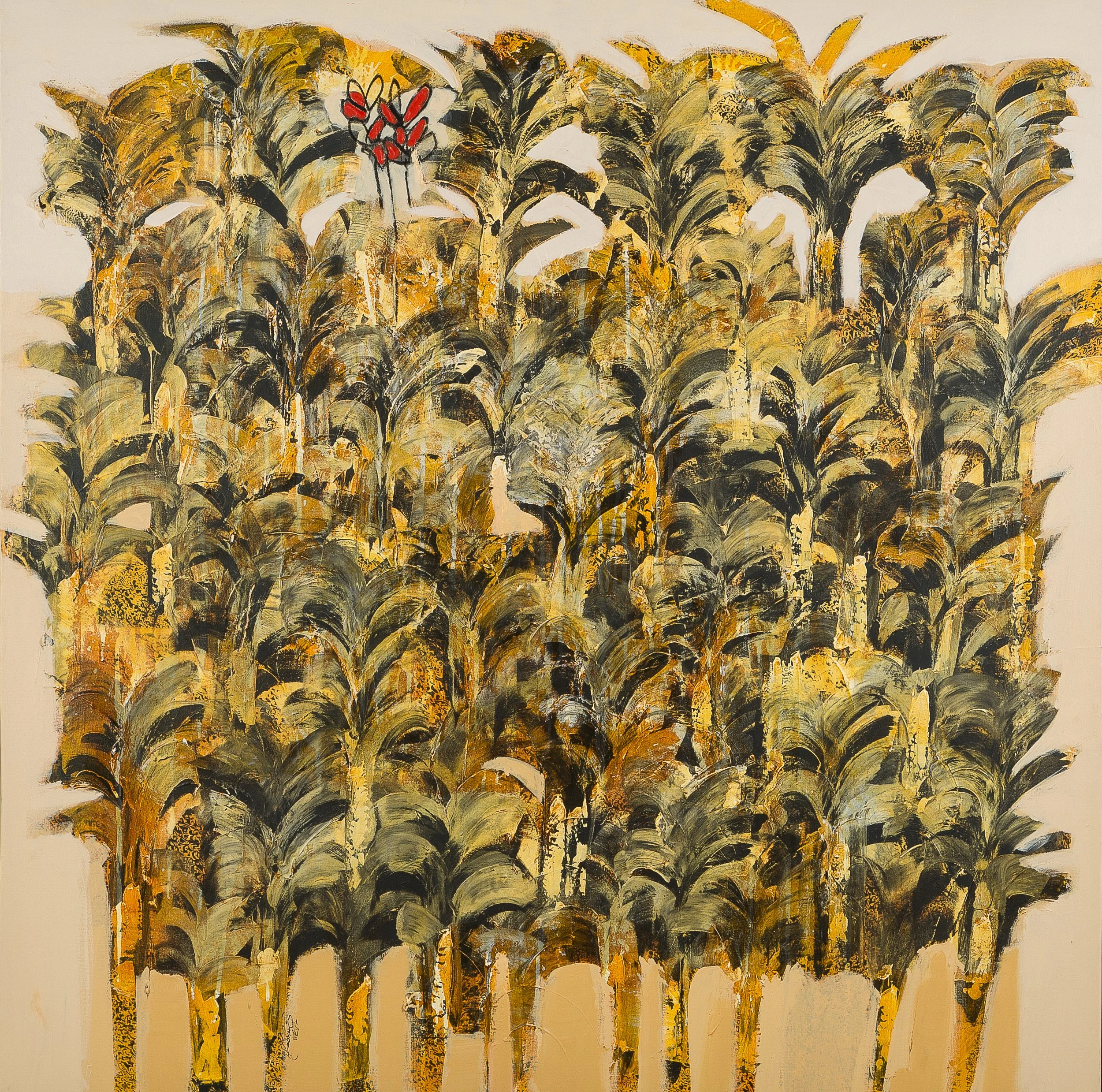 Abstract painting of densely packed palm trees in shades of black, gold, and beige, with a small red and black abstract figure near the top left.