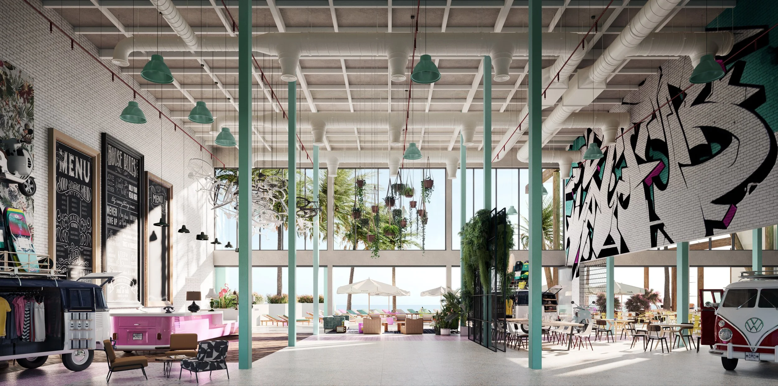 Bright, airy indoor space with hanging plants, large windows, colorful decor, and vintage VW vans.