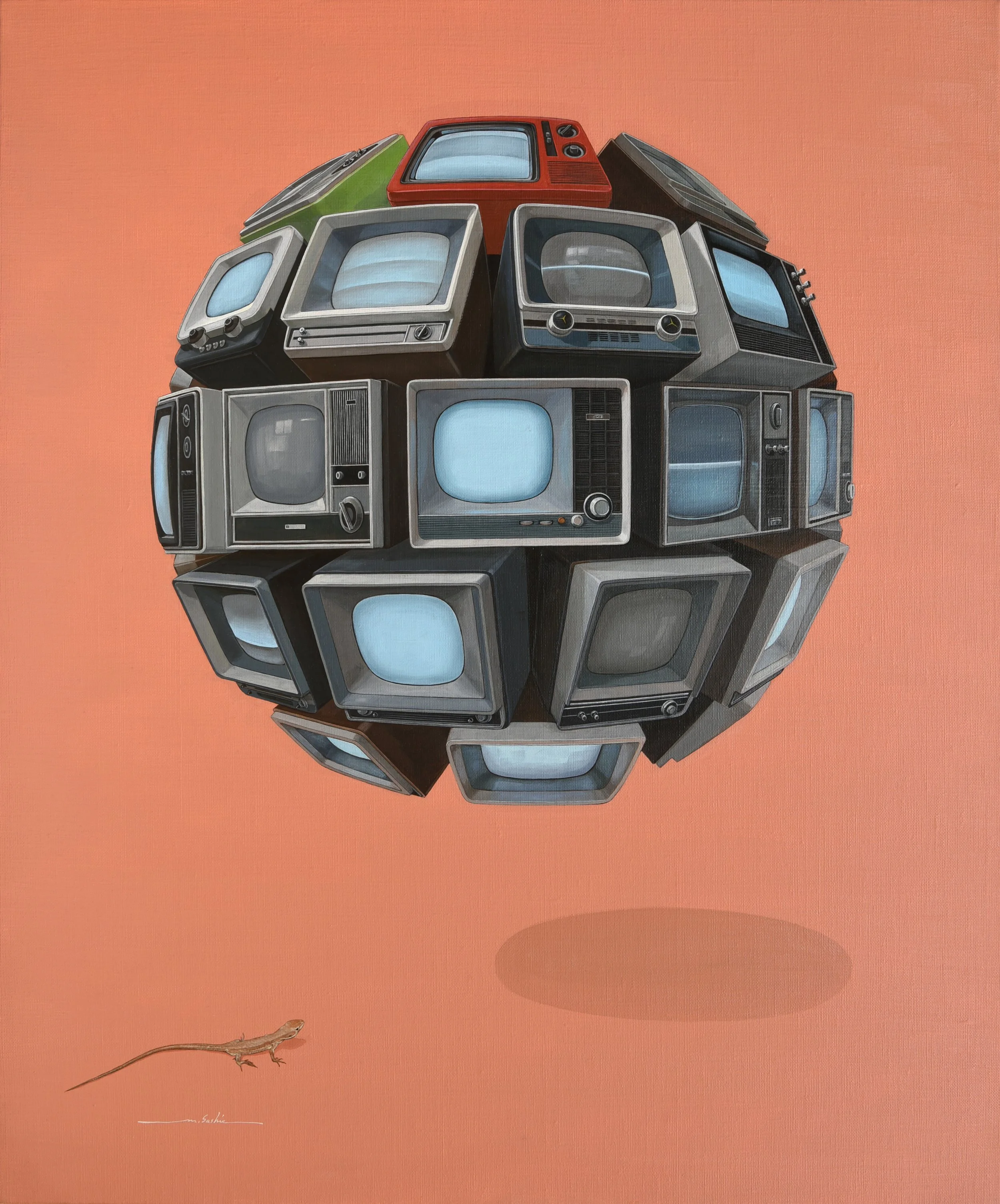 A collection of vintage television sets assembled into a spherical shape, with a small lizard walking on a pink background below.