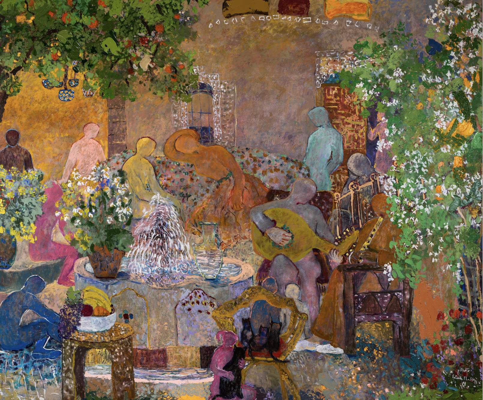 A colorful painting depicting various human figures in a garden or outdoor setting, with trees, flowers, and a building in the background. Some figures are seated, others are standing, and one appears to be playing a guitar. The scene is lively with 