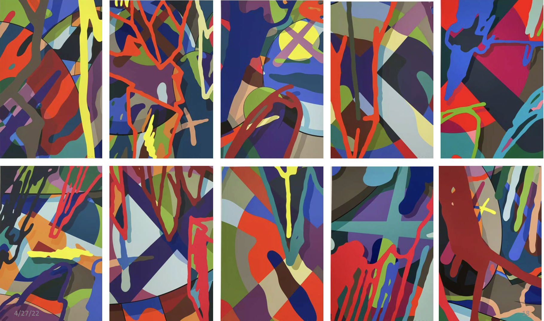 A colorful abstract digital artwork with various overlapping geometric shapes and bold, vibrant lines in multiple colors.