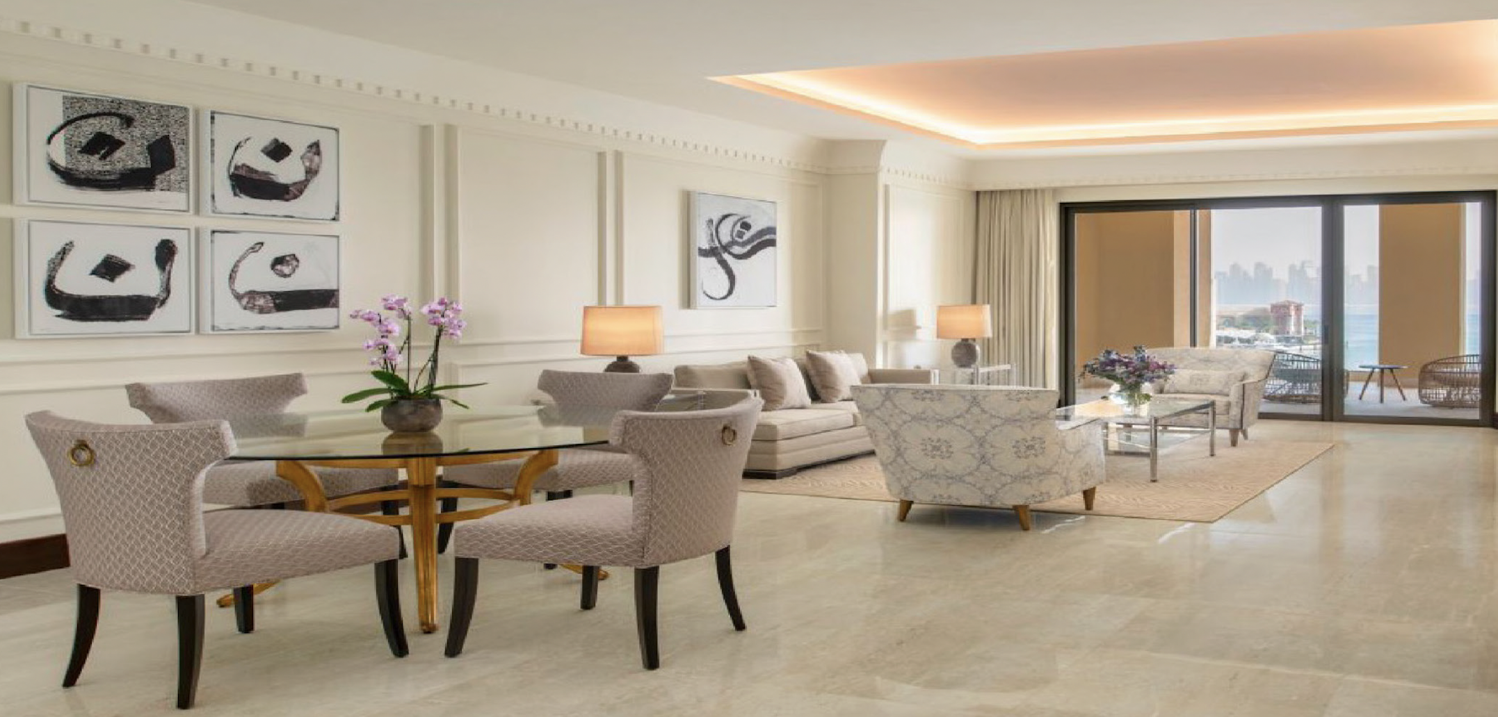 Bespoke artwork by Qatari artist Ali Hassan installed in the St. Regis Marsa Arabia residences, developed as part of the curated art program by Core Art Strategies.