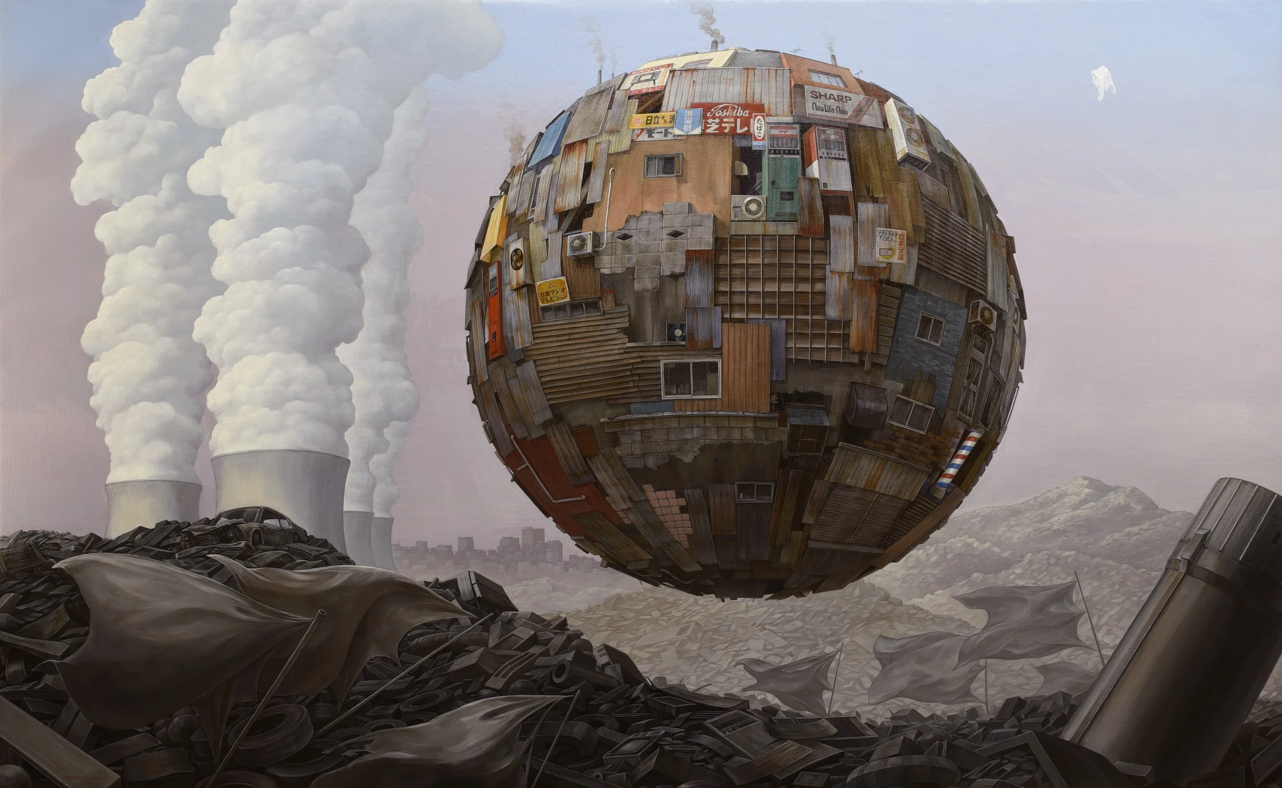 A dystopian scene with a large, spherical structure made of various reused building materials, floating above a pile of discarded tires and debris. Smoke rises from industrial cooling towers in the background, under a cloudy sky.