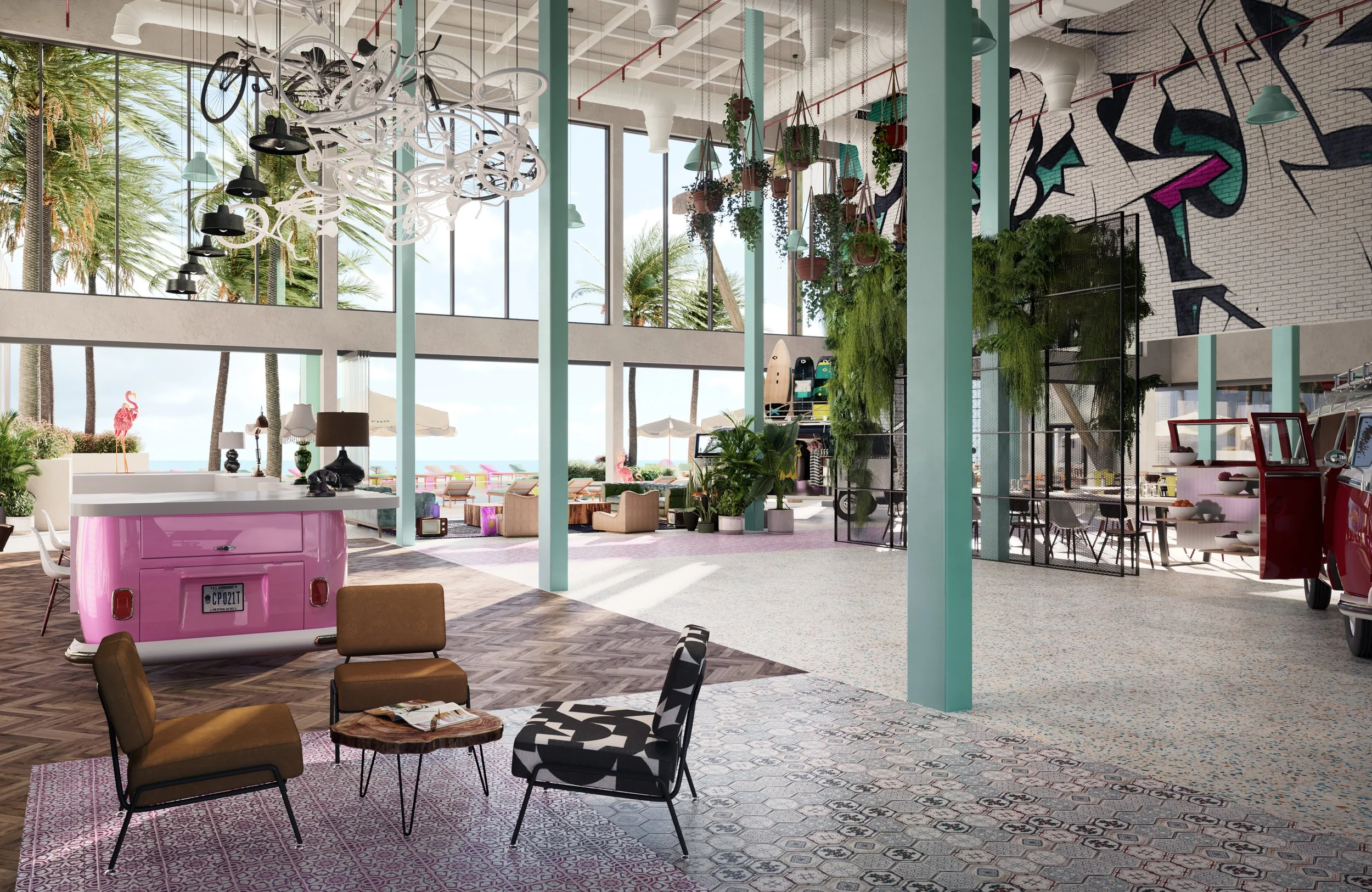 A modern indoor lounge area with large windows showing a beach and palm trees outside. The space includes a pink vintage ice cream truck, chairs, small tables, hanging plants, and decor with a tropical and retro theme.