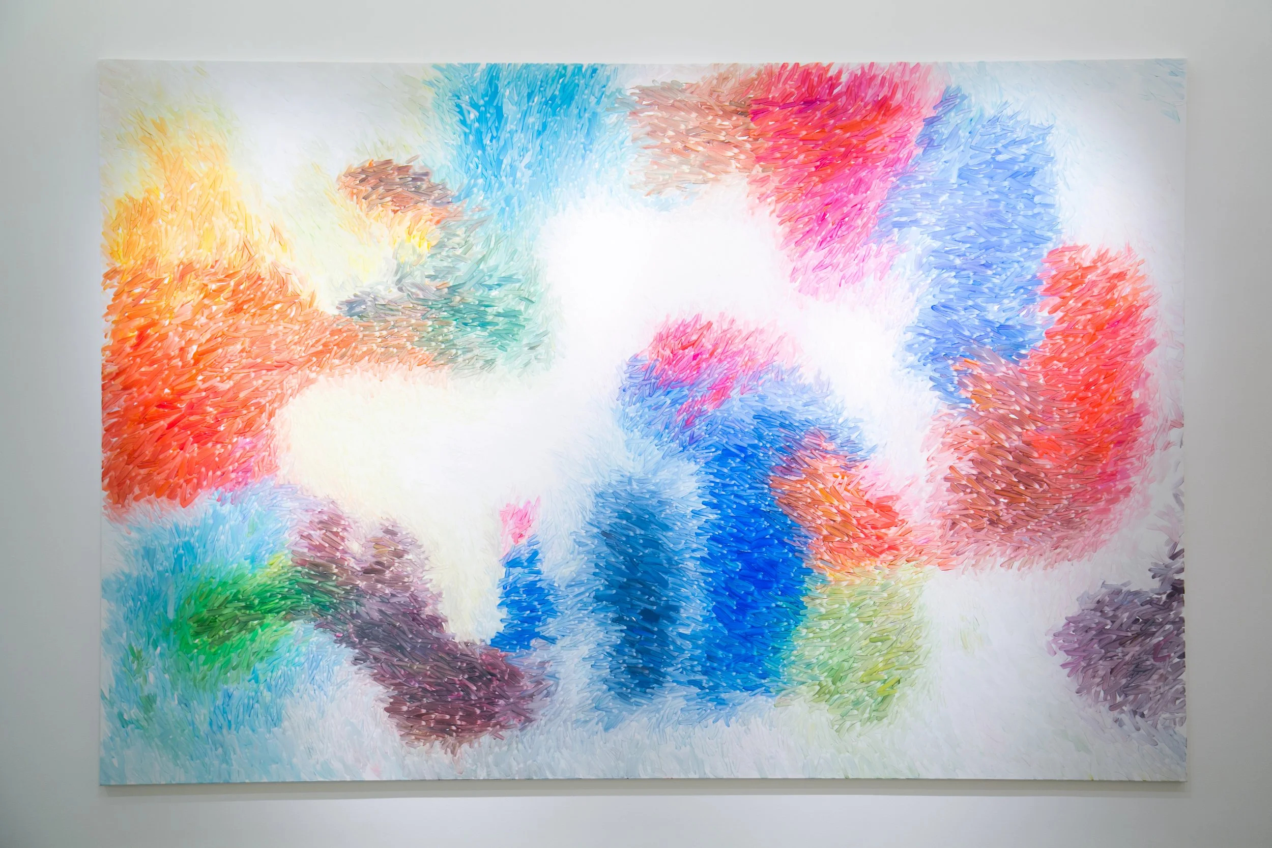 Installation photograph of Peter Zimmermann’s exhibition in Qatar, showcasing abstract contemporary paintings within a museum-like gallery setting by Core Art Strategies.
