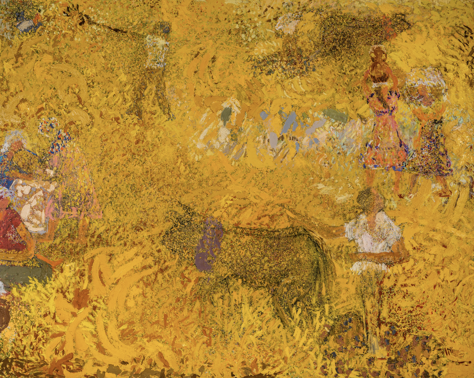 Impressionist painting of people working in a yellow field, with some women standing and others sitting or kneeling, surrounded by bright yellow foliage.