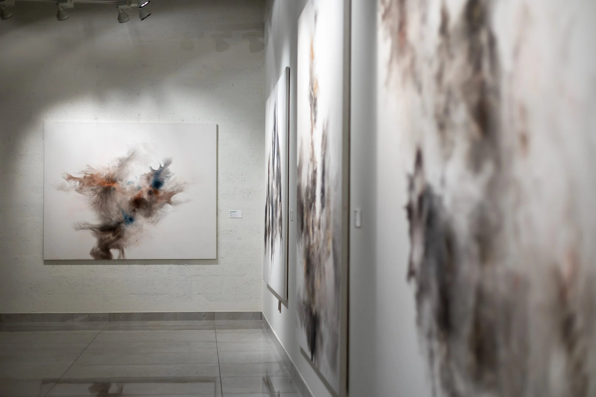 Gallery with abstract artwork on white walls, featuring a large painting with smoky textures and splashes of blue, brown, and black, illuminated by track lighting.