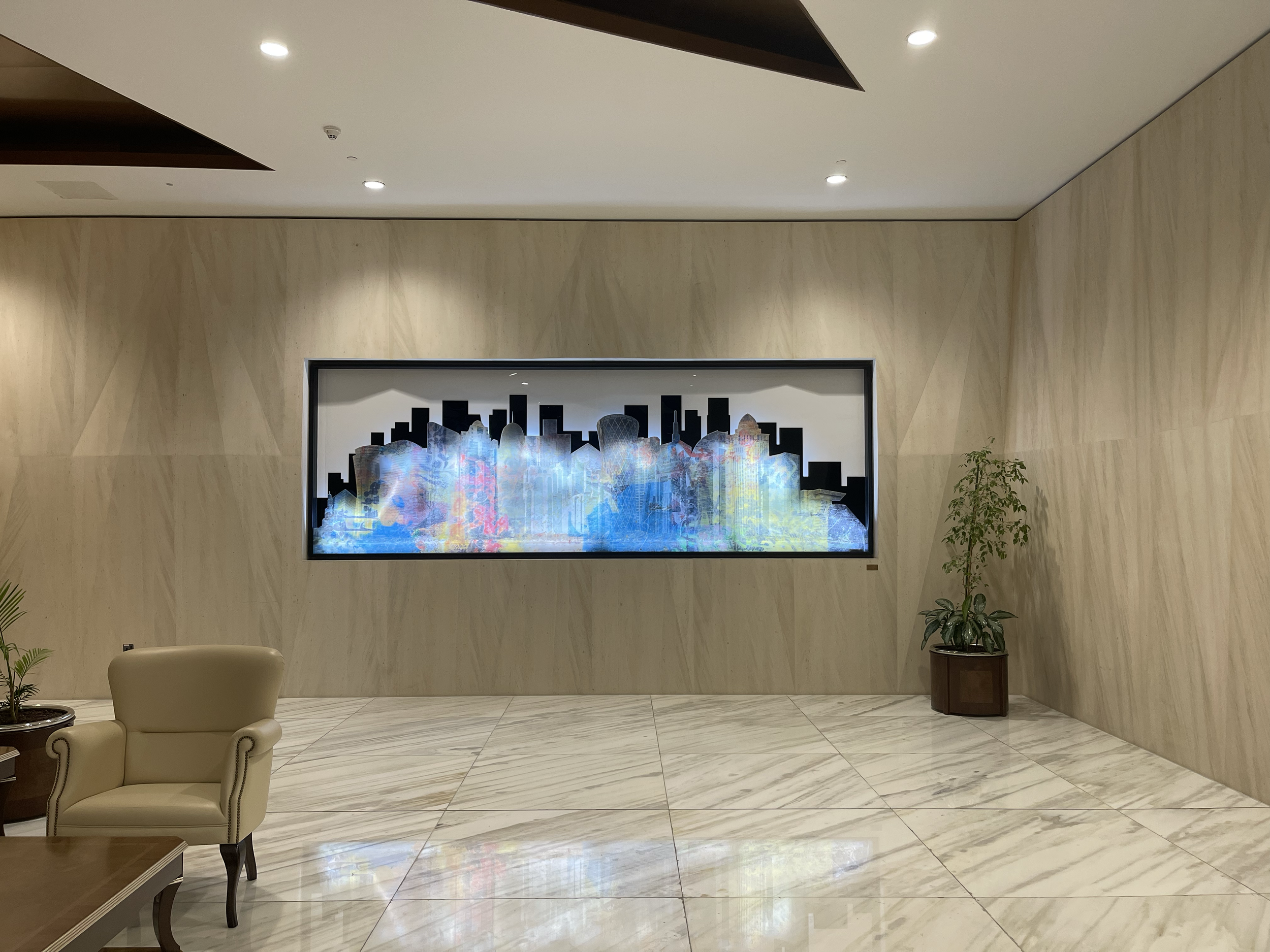 Wall-mounted artwork by Qatari artist installed as part of the corporate art program curated by Core Art Strategies for QatarEnergy headquarters.
