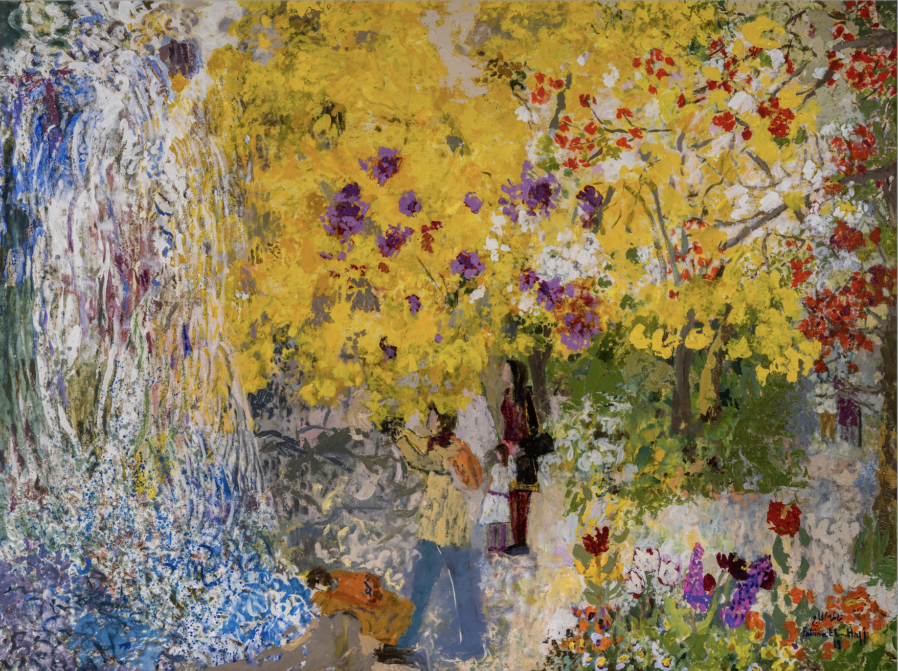 Impressionist painting of people in a park with trees and colorful flowers, including a large yellow tree, a red and white tree, and purple and pink flowers.