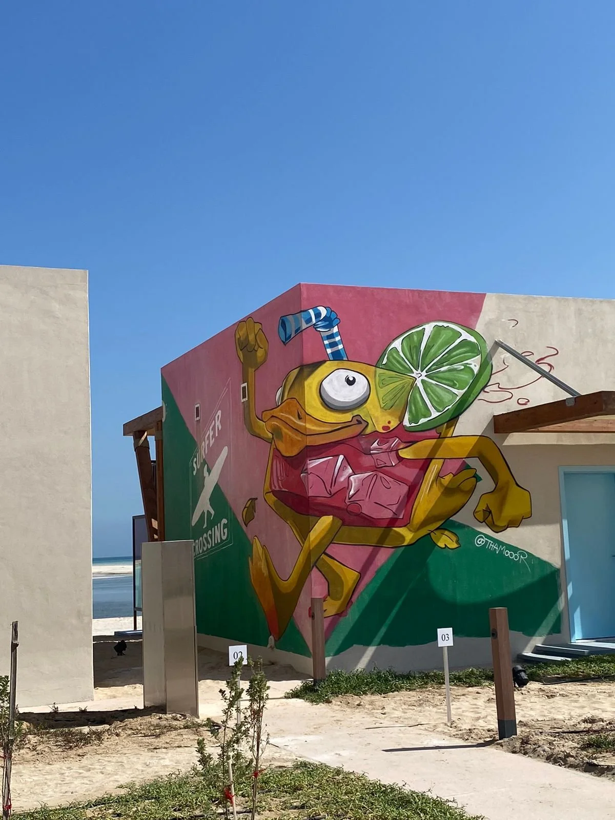 Colorful mural of a cartoonish yellow duck wearing a red swimsuit, holding a large lime slice, with a straw in its beak, running on a pink and green background.