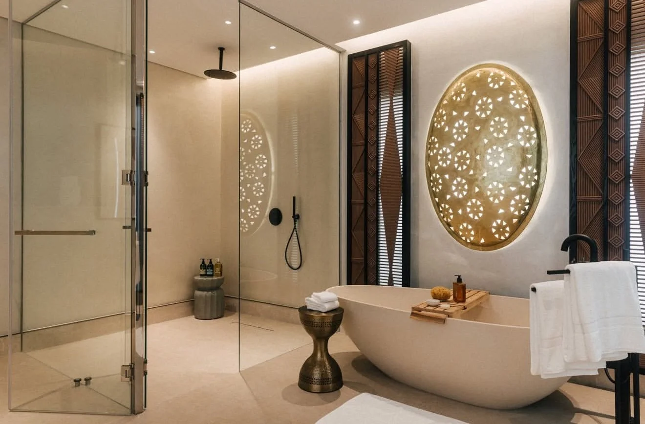 Modern bathroom with a freestanding bathtub, decorative wall art, a glass-enclosed shower, and wooden accents.