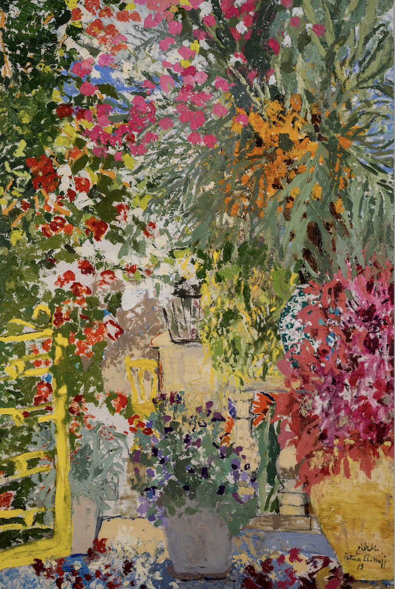 Colorful painting of a garden with vibrant flowers in pots, greenery, and a yellow trellis.