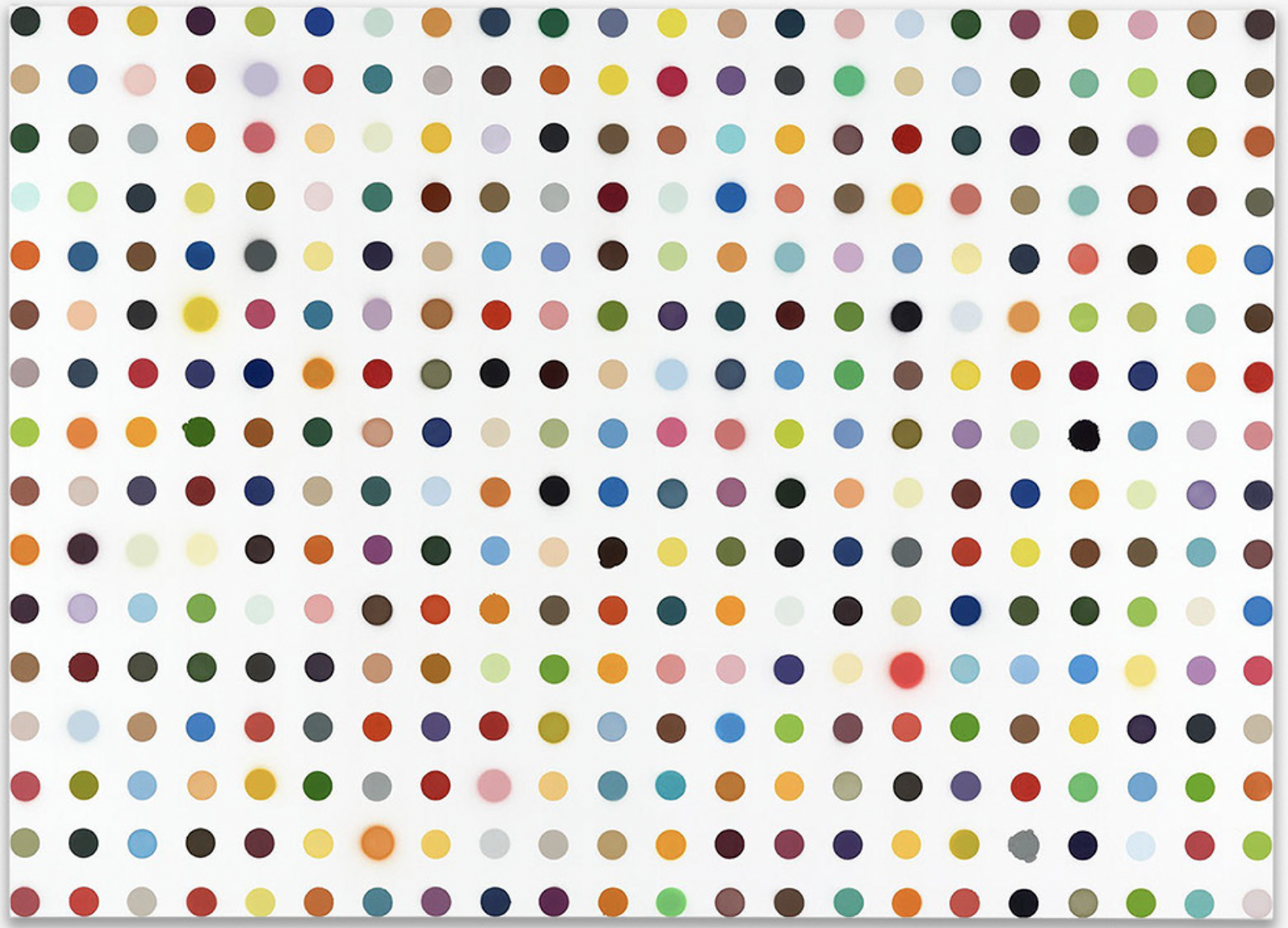 A colorful compilation of numerous small, evenly spaced dots of various colors on a white background.