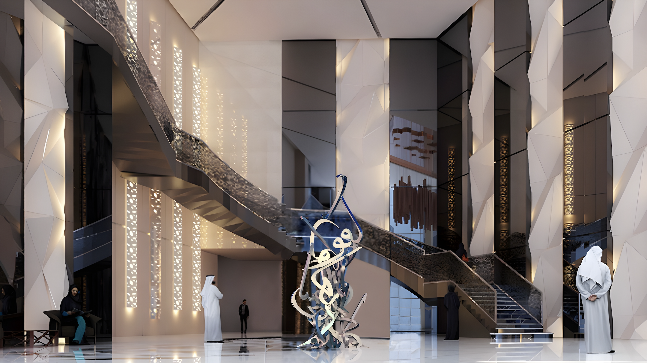 Large contemporary sculpture installed in the VIP waiting area lobby of QatarEnergy Tower 10 headquarters, part of the curated corporate art program by Core Art Strategies.