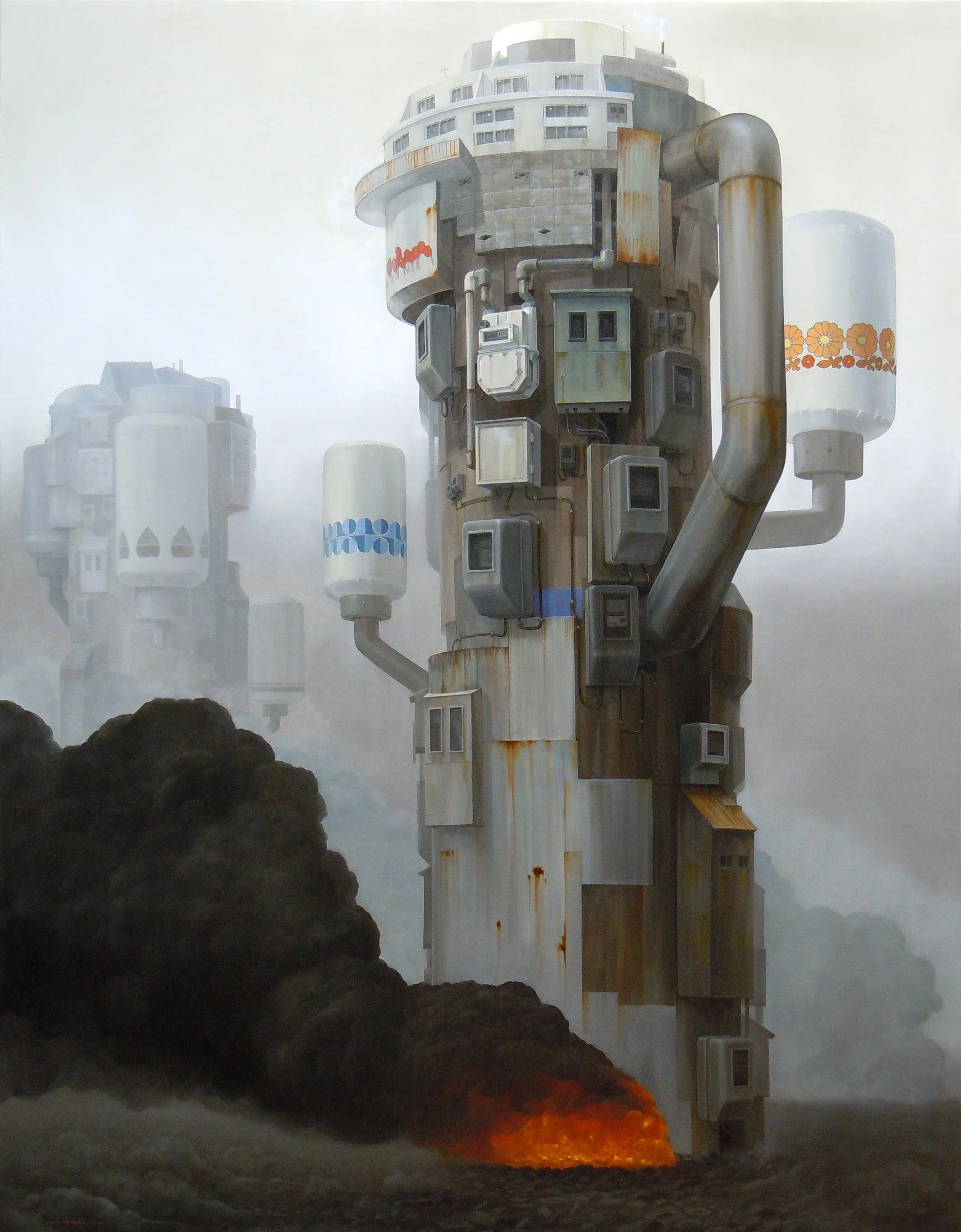 Futuristic industrial tower with pipes and containers, emitting smoke and lava, affecting a dystopian landscape.