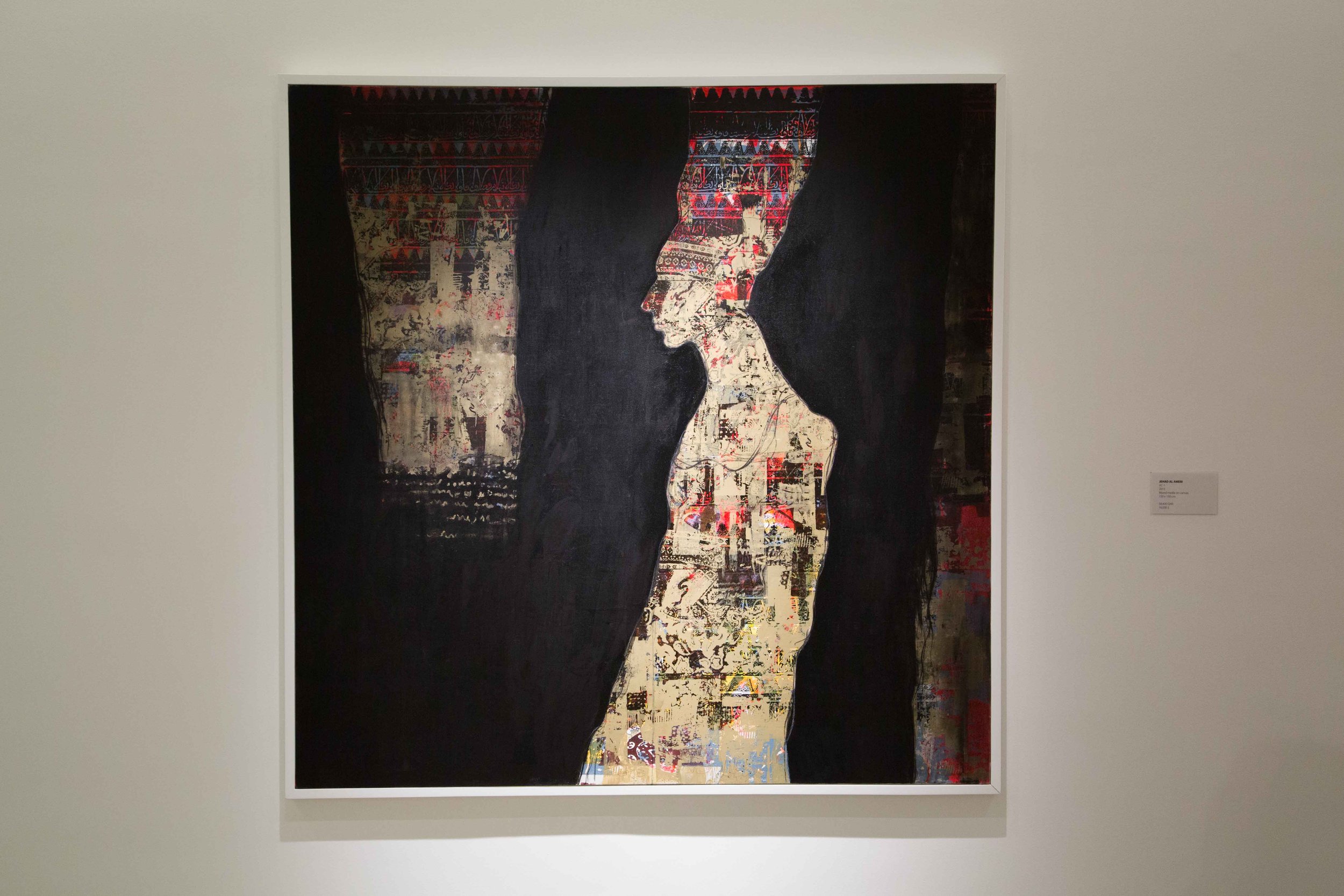 Contemporary art painting of a woman's profile with mixed media collage details, contrasting dark background and abstract patterns.