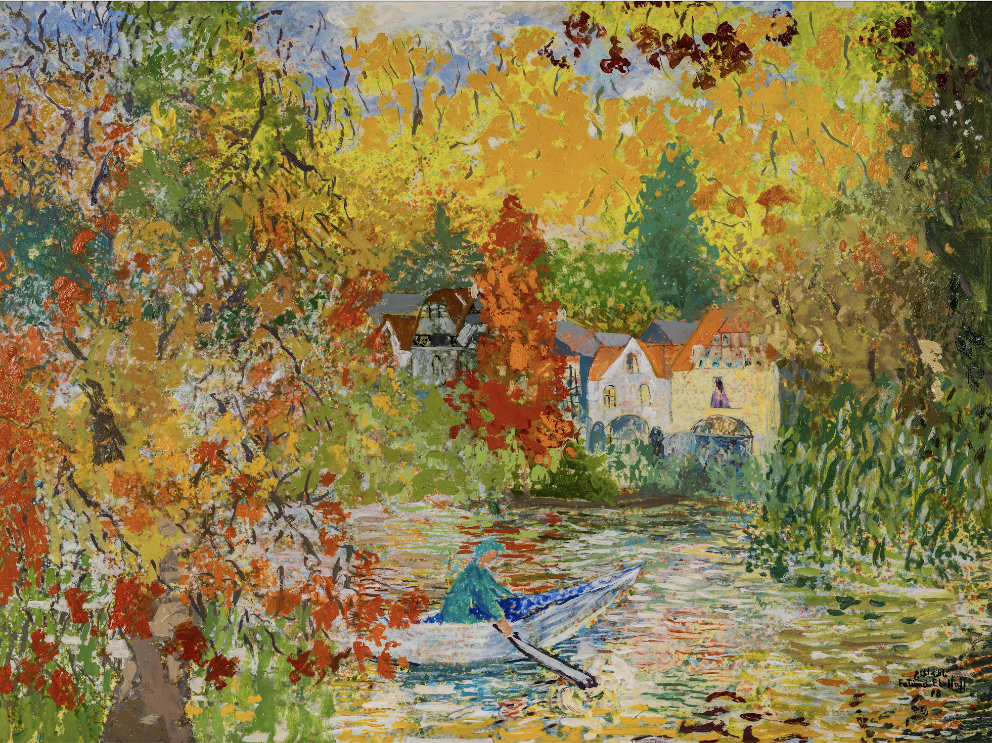 An impressionist painting of a boat on a river surrounded by colorful autumn trees with houses in the background.