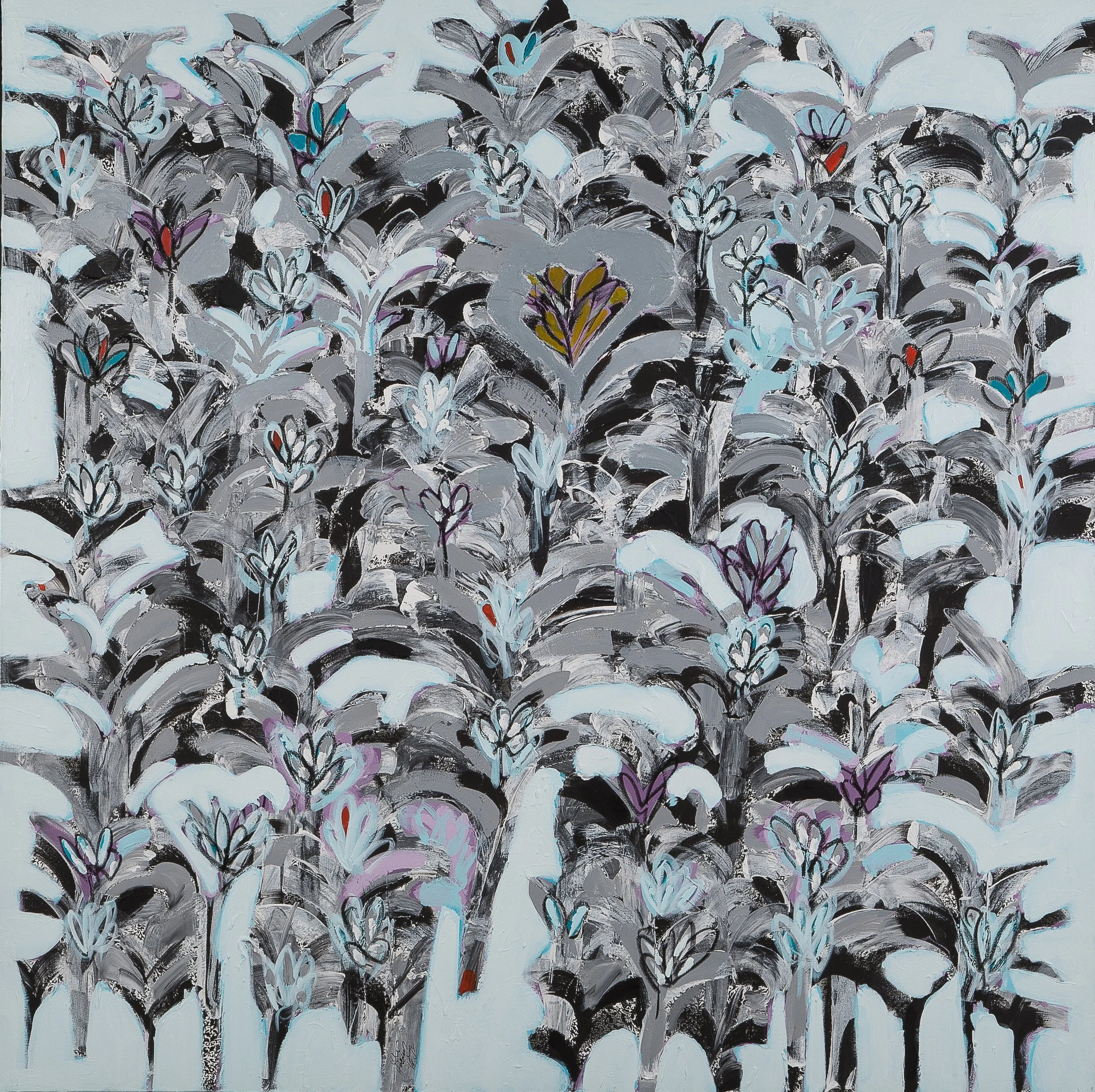 Abstract painting of a dense floral pattern in black, gray, white, purple, blue, and red hues.