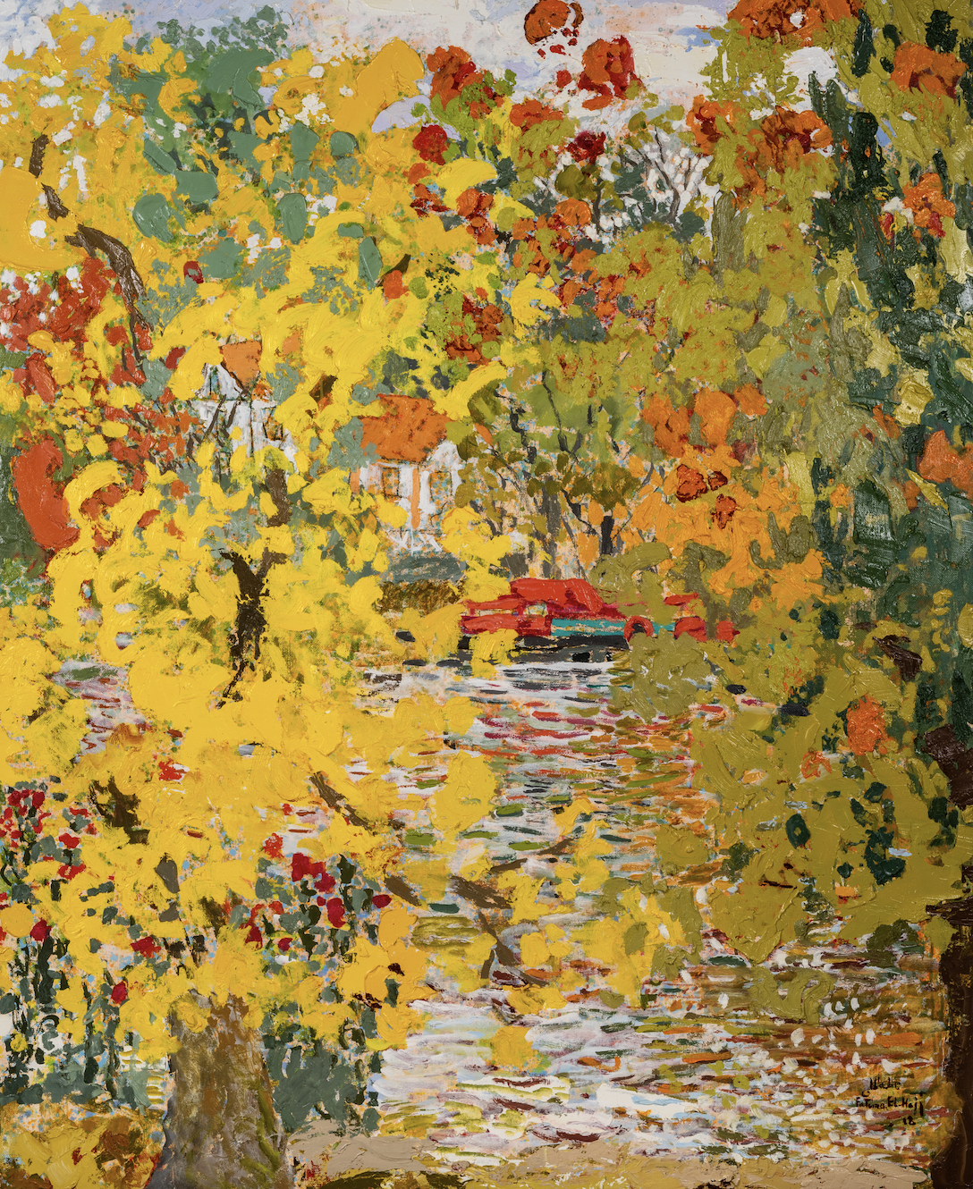 An impressionist painting of a riverside scene with vibrant yellow, green, and orange trees surrounding a waterway, with colorful boats and a building in the background.