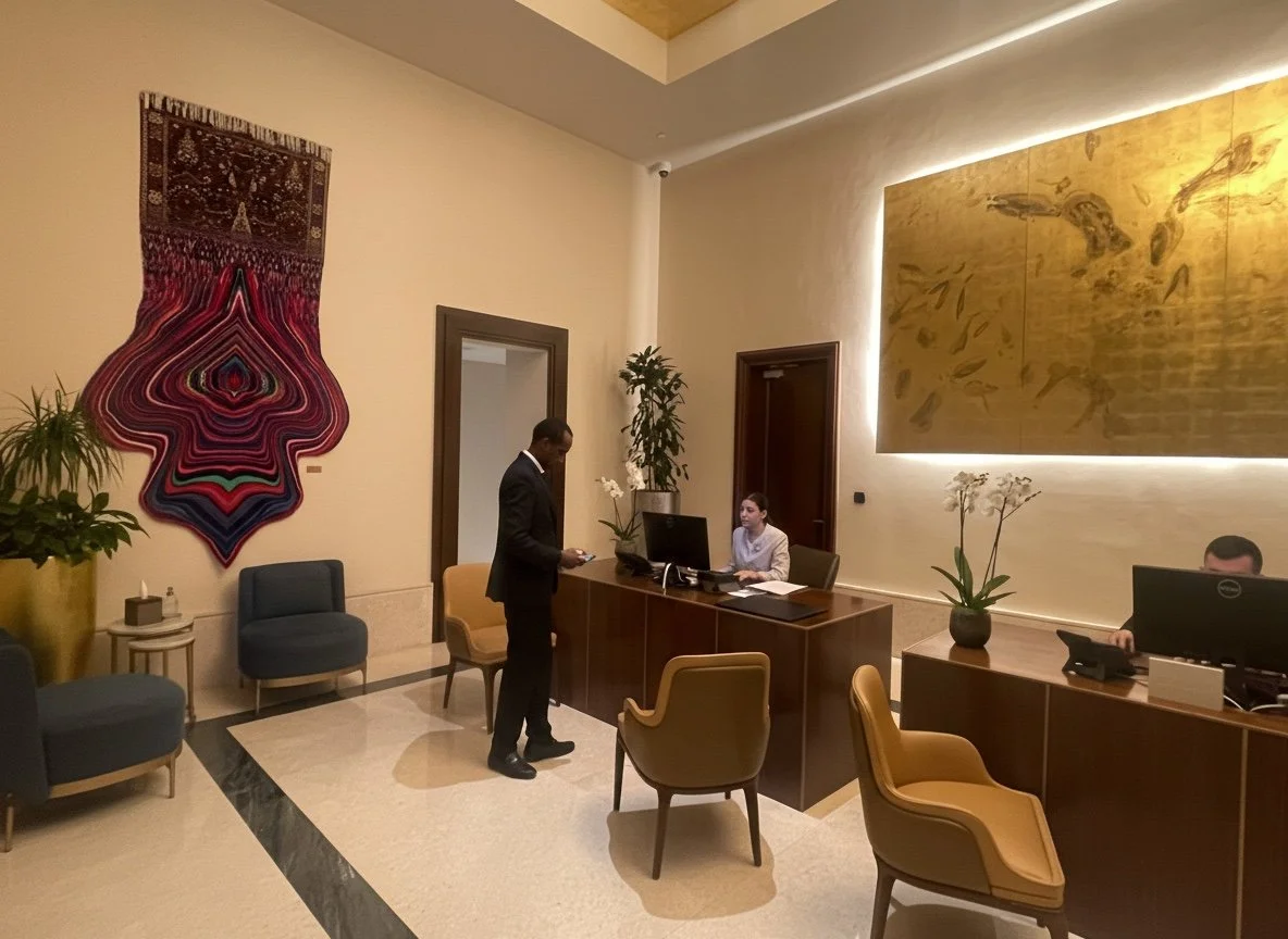 Artwork by Faig Ahmed installed in the reception lobby of St. Regis Marsa Arabia Private Island, Doha as part of the curated art program by Core Art Strategies.