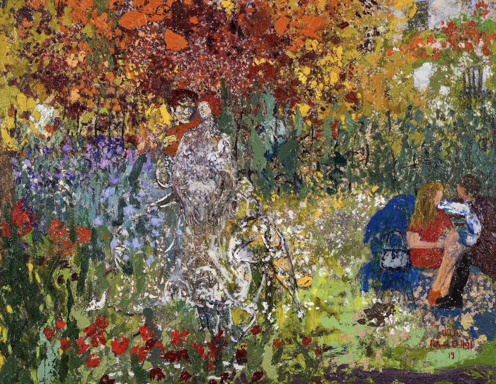 An impressionist-style painting of a lush garden with colorful flowers and leaves. In the center, a statue of a woman holds a book. To the right, two people are sitting on the grass, engaged in conversation.
