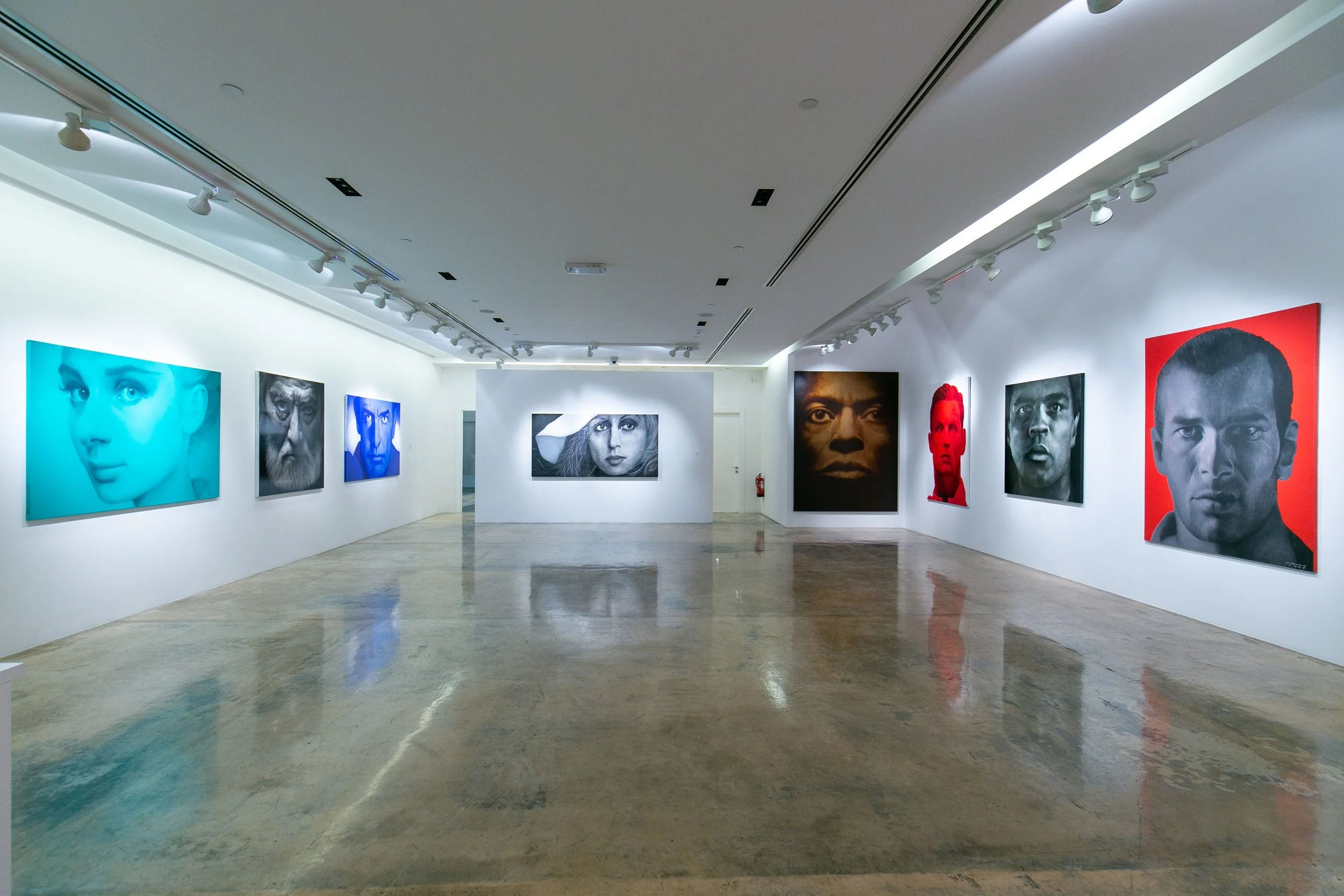 Gallery with contemporary portrait paintings of various individuals displayed on white walls. The artworks are in different colors, including blue, black, red, and grayscale, with some portraits featuring close-up faces and others showing full faces.