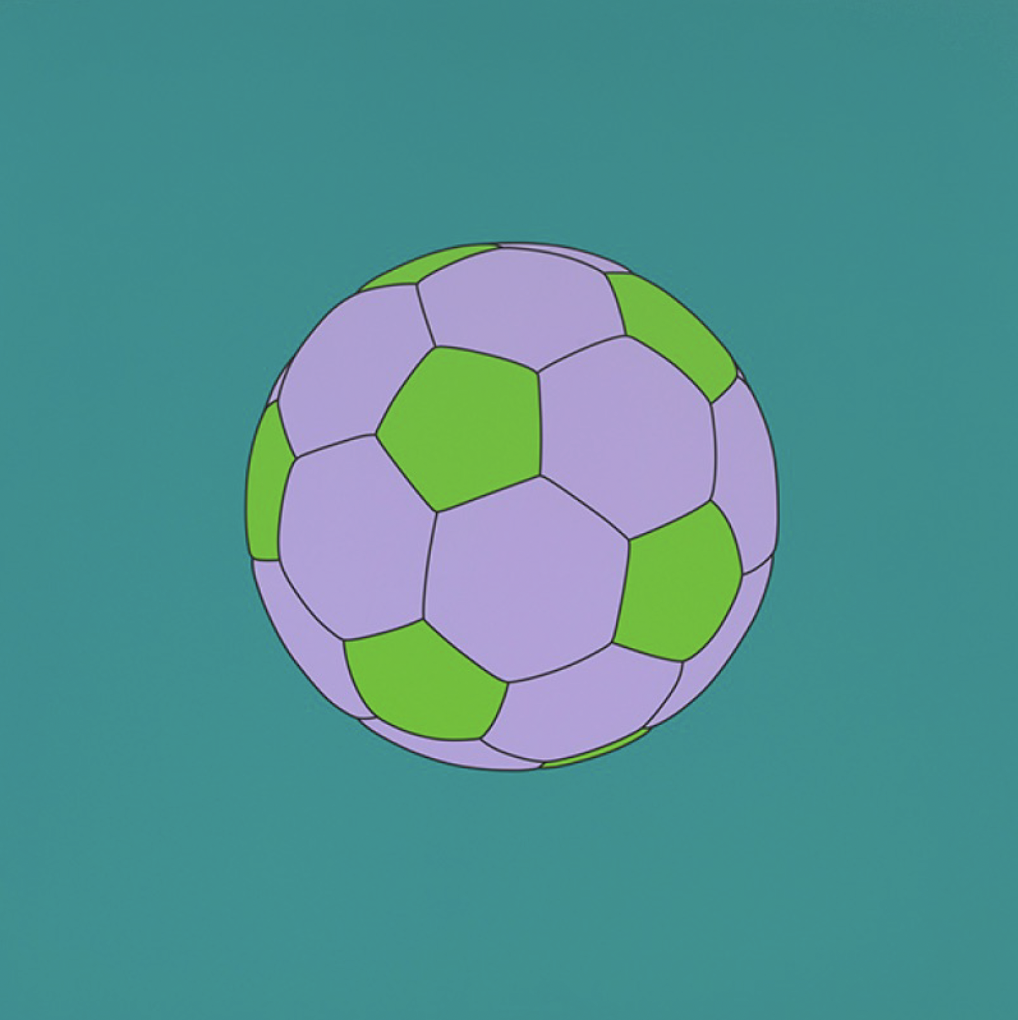 Digital illustration of a soccer ball with purple and green patches on a teal background.