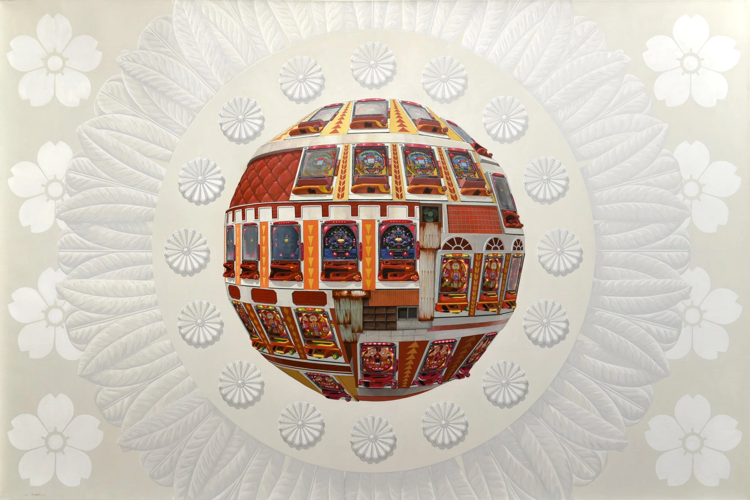 A spherical collage of vintage pinball machines with a decorative floral and leaf pattern in the background.