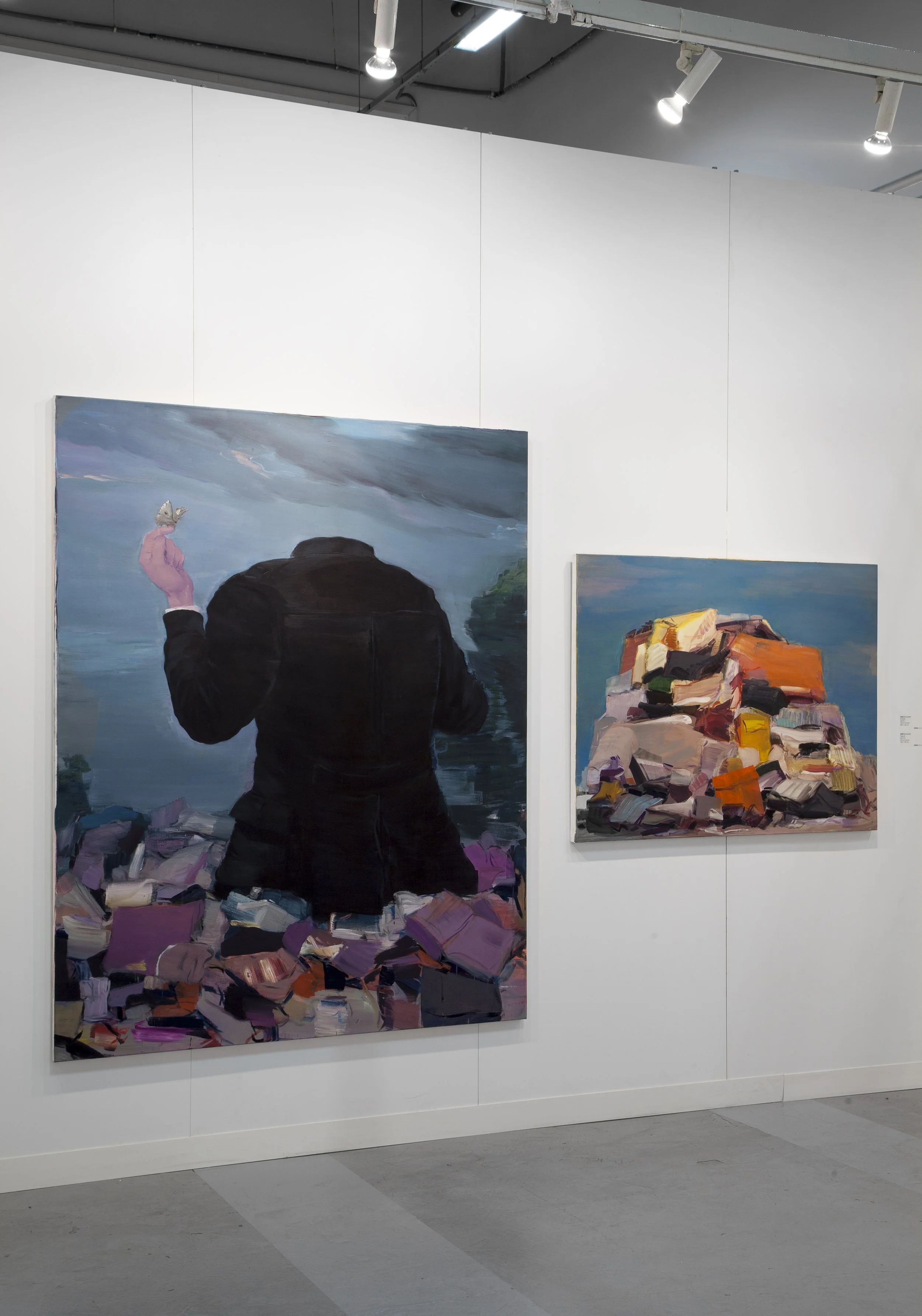 Two abstract paintings hung on a white gallery wall, one larger painting depicting a person with a butterfly head overlooking a landscape of purple and pink rocks, and the other a colorful pile of rocks or objects against a blue sky.