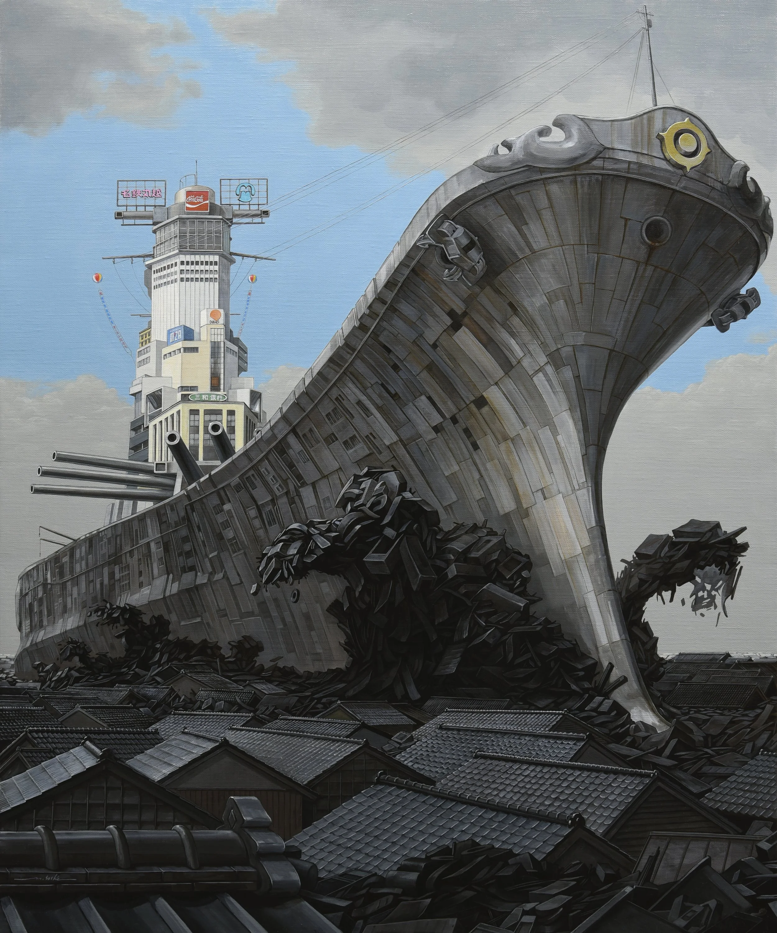 A giant, old-fashioned warship is crashing through a city with traditional Japanese-style rooftops. The ship is dark gray, with visible damage, and towers over the buildings, with clouds in the sky in the background.
