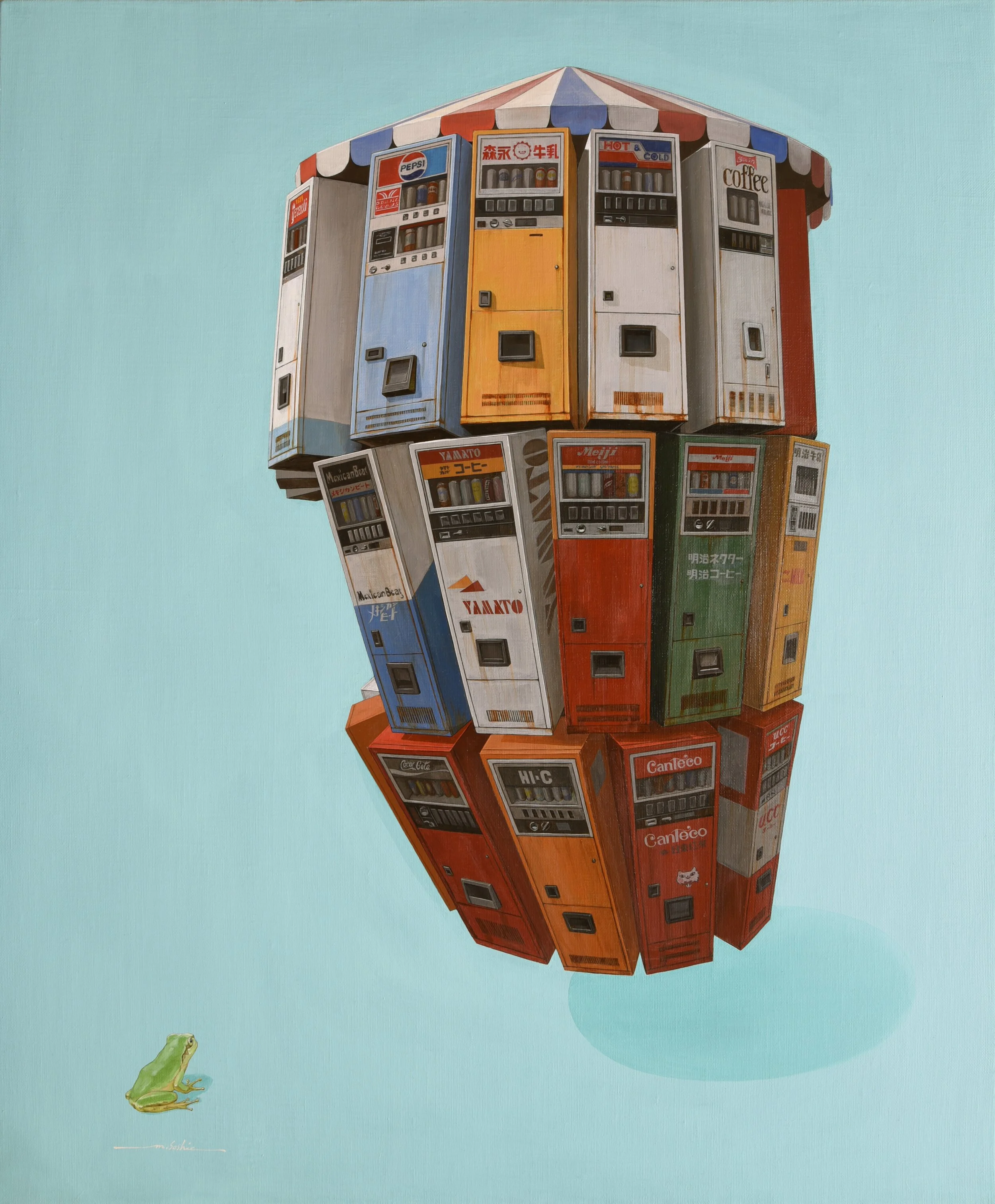 A painting of a floating cluster of vintage Japanese and American vending machines against a light blue background, with a small green frog at the bottom left corner.