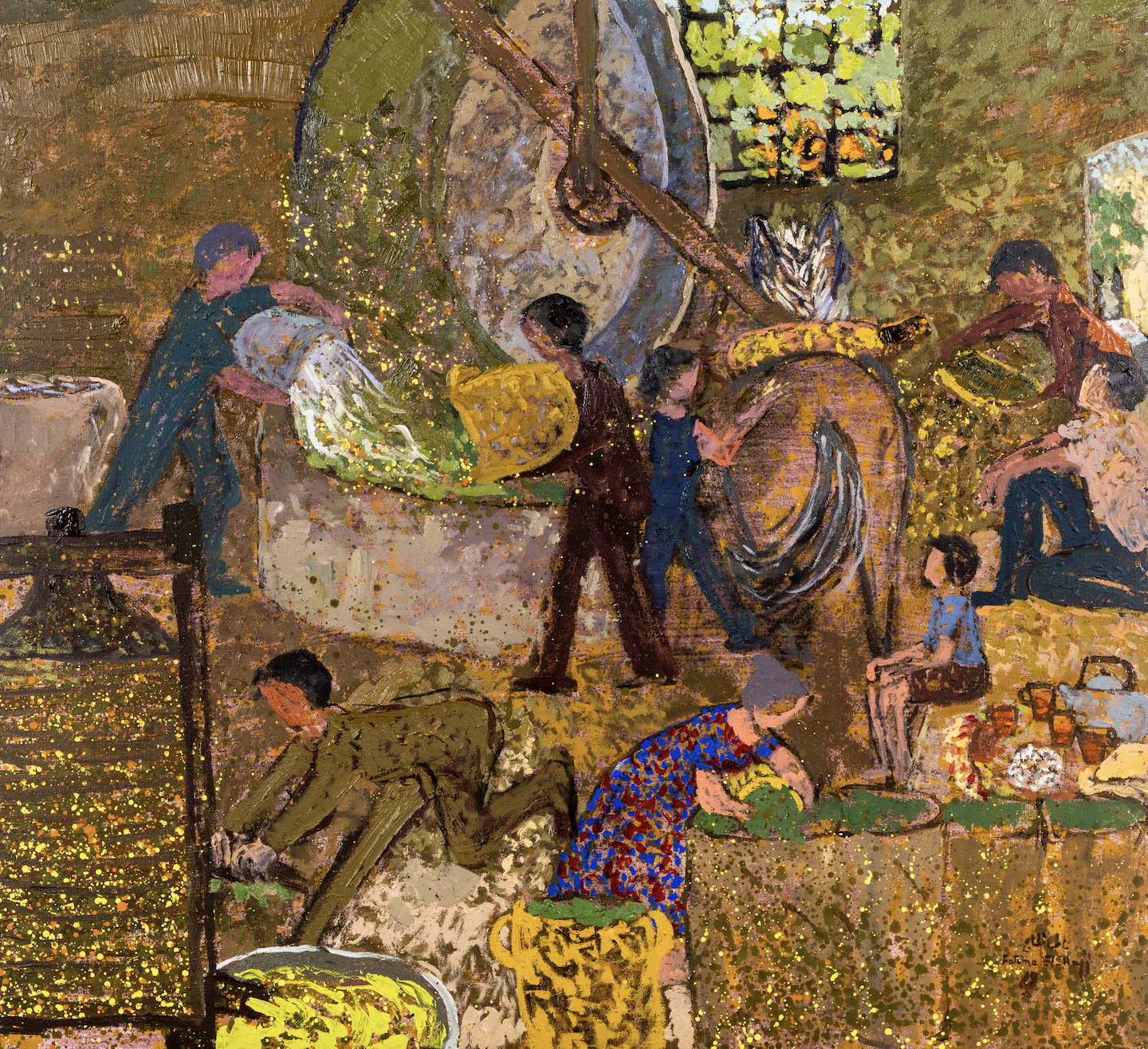 A colorful painting depicting children working together in a rustic indoor setting, possibly a farm or garden, with a large mill wheel in the center and a window showing green foliage outside.