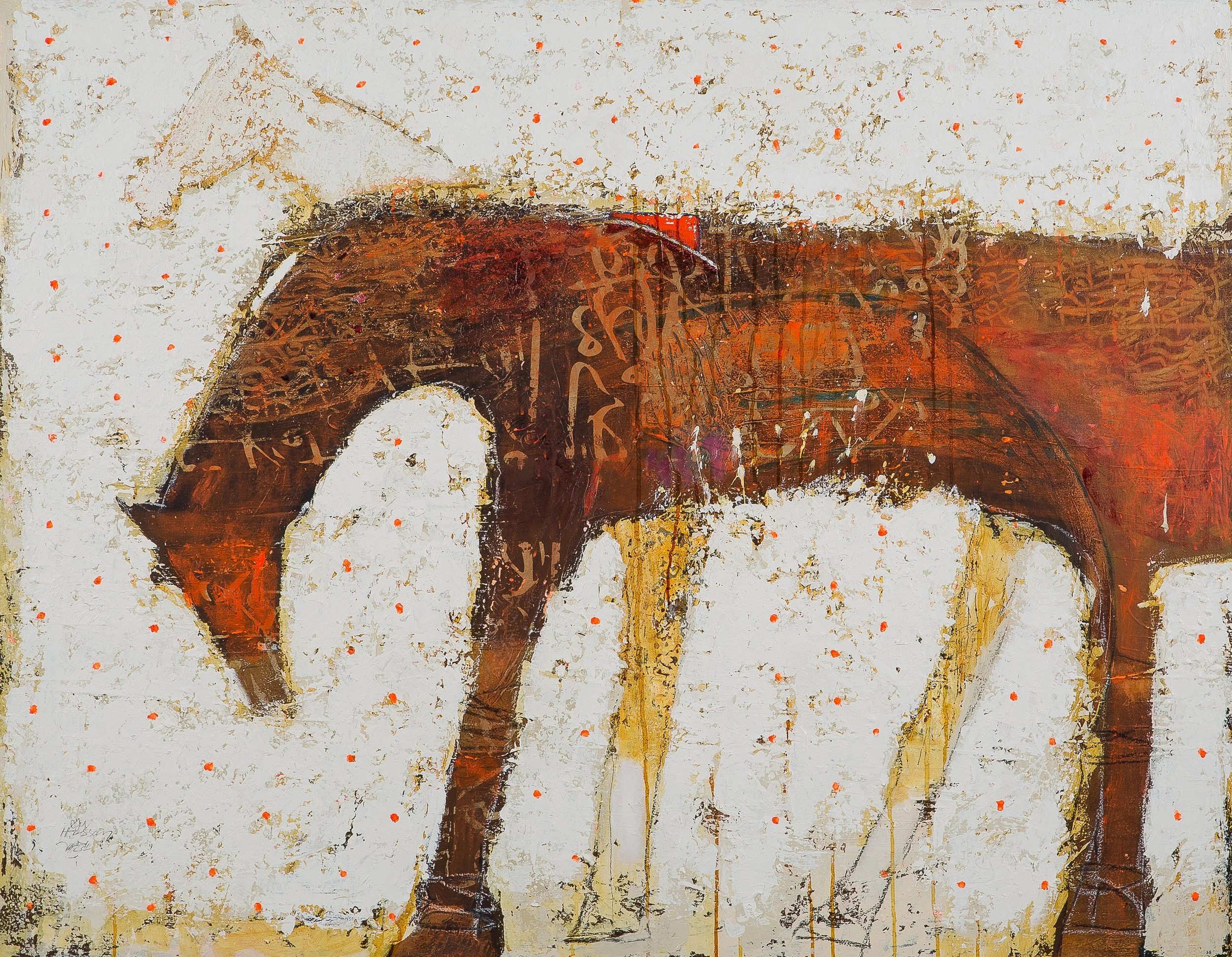 Abstract painting of a brown horse with a white mane, set against a textured off-white background with small red dots.