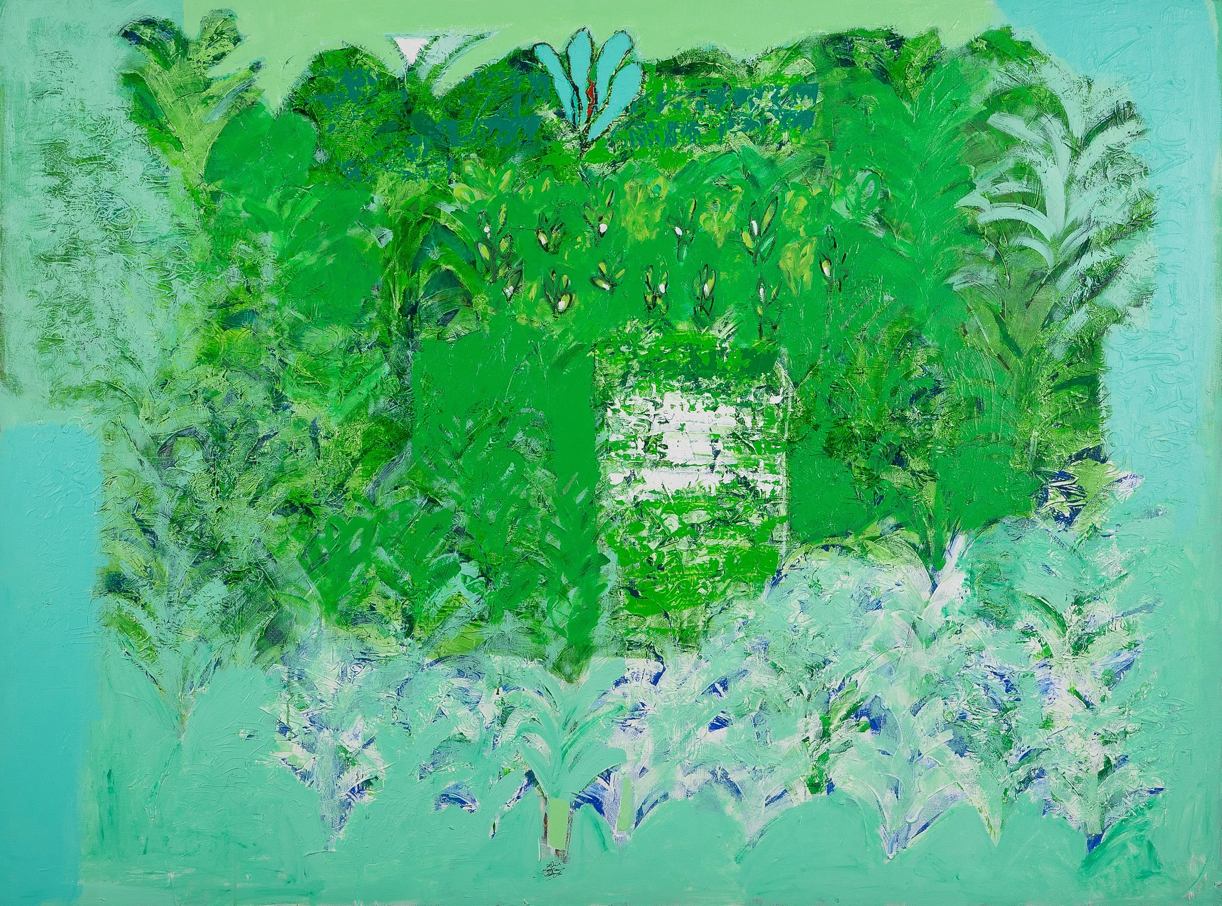 An abstract painting of green foliage with different shades of green and some white and light blue accents, arranged in a layered, textured composition.