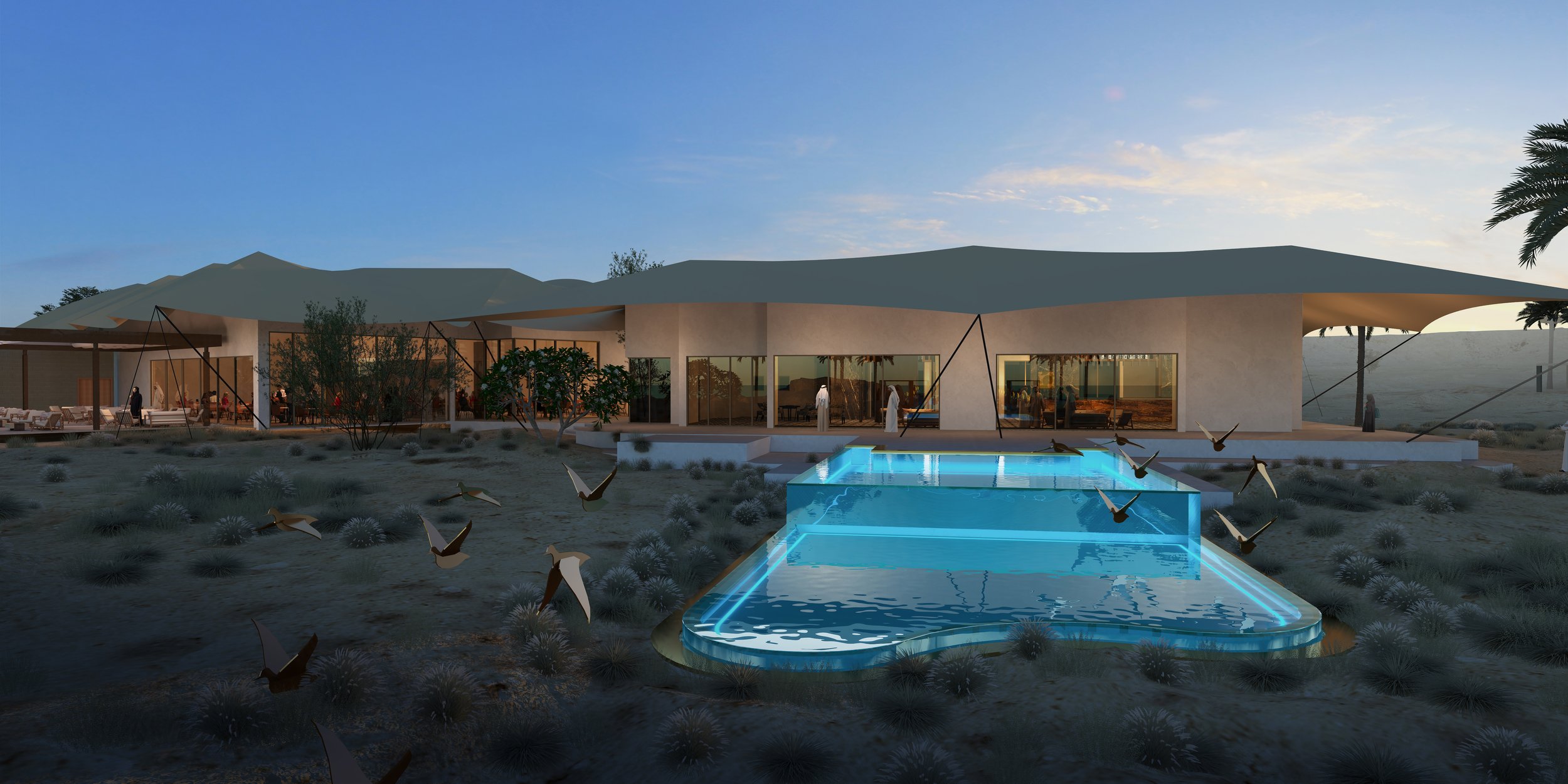Modern house with large glass windows, surrounded by desert landscape, with a lit outdoor pool and a canopy, during dusk