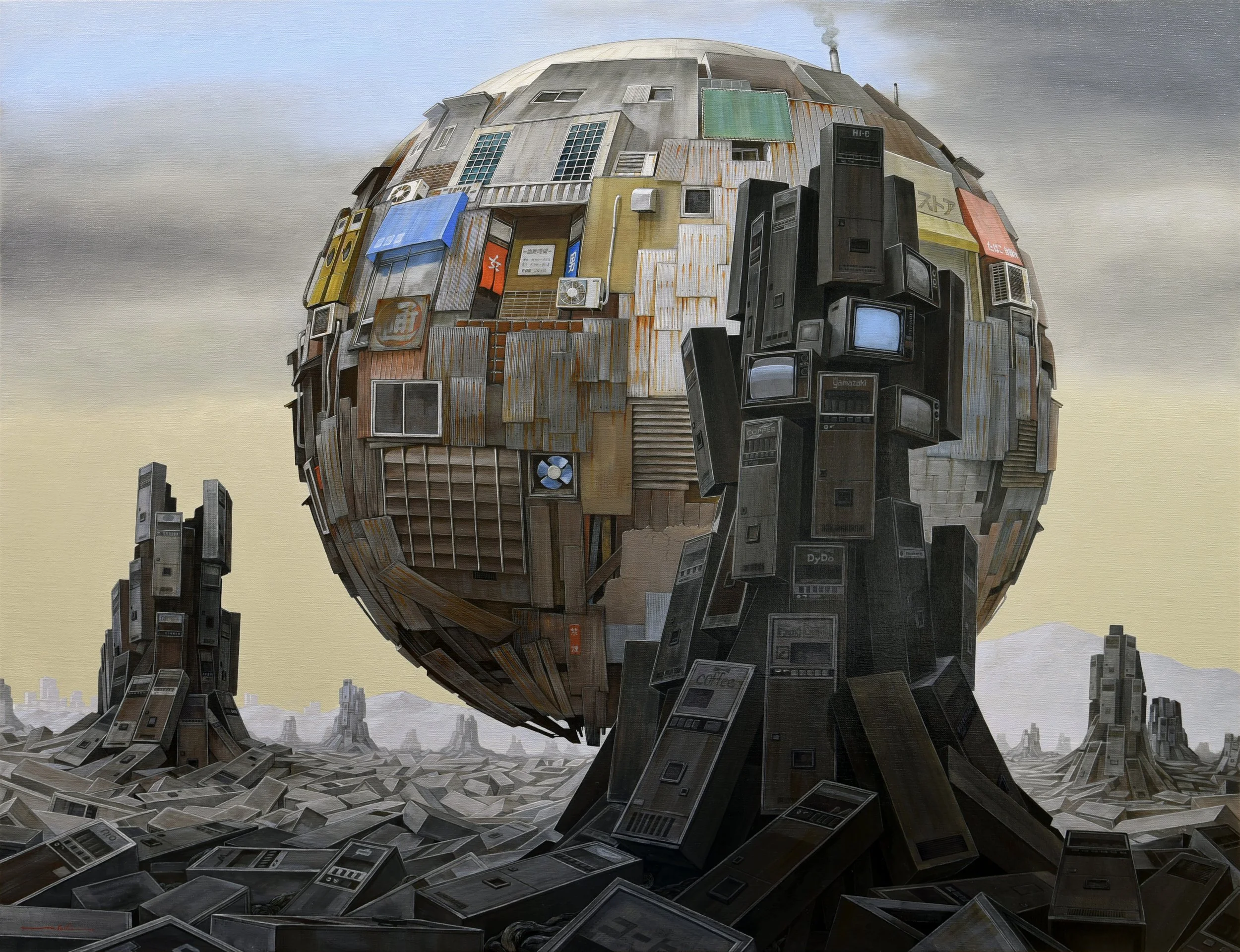 A large, spherical structure made of various worn-out and rusty electronic appliances and industrial materials, situated in a desolate landscape with scattered debris and futuristic, ruined towers in the background.
