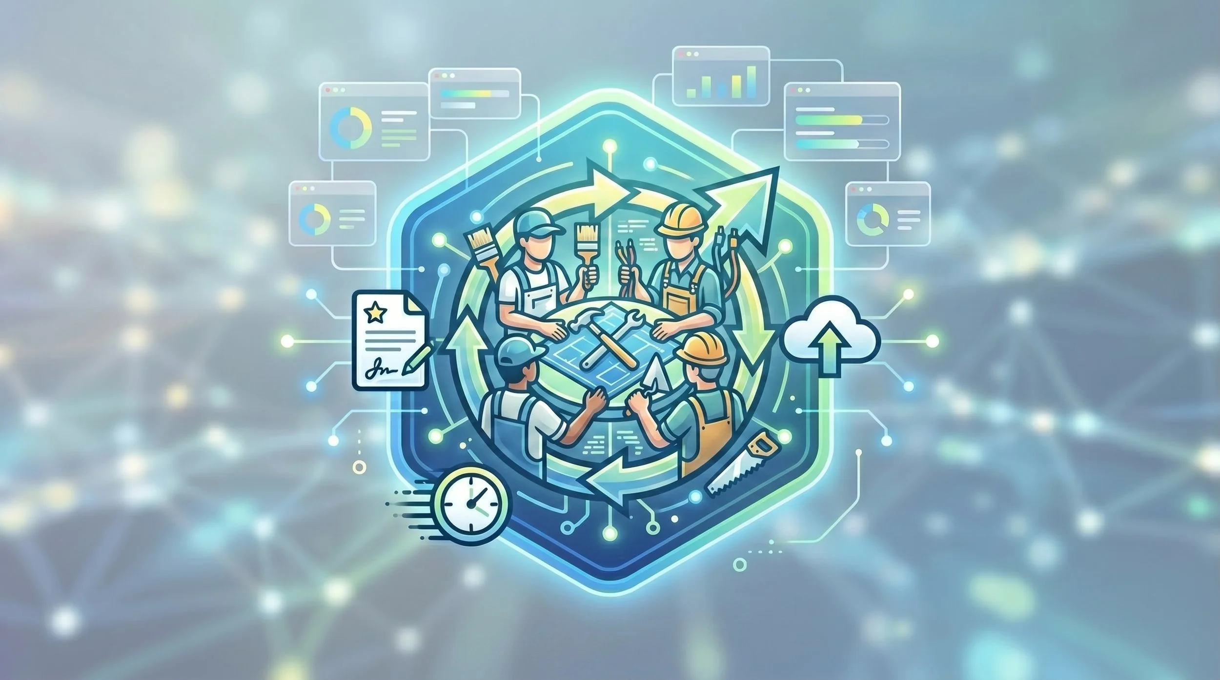 Illustration of construction workers collaborating around a blueprint with digital interfaces, graphs, and data charts in the background, symbolizing project planning and technological integration.