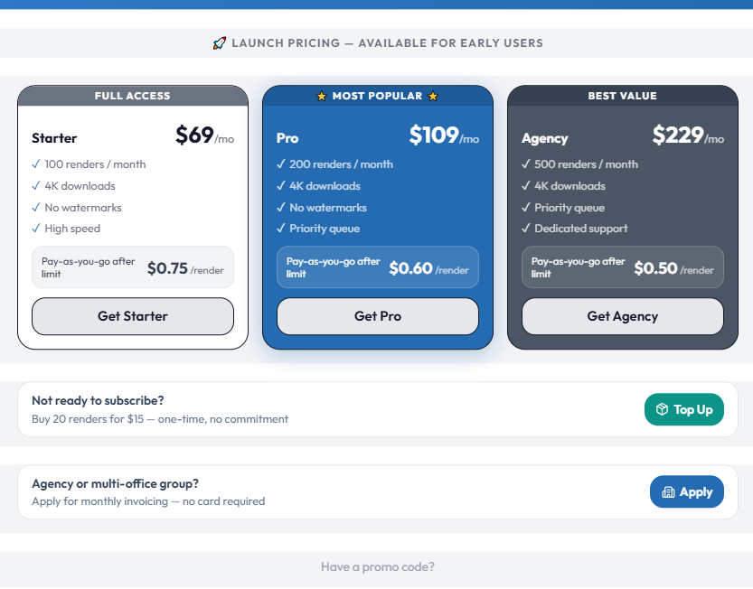 Pricing plans for a service with three tiers: Starter at $69/month, Pro at $109/month, and Agency at $229/month. Each plan includes different features such as number of renders and downloads, watermark options, and support. The image also mentions pay-as-you-go options and additional buttons for subscribing and applying.