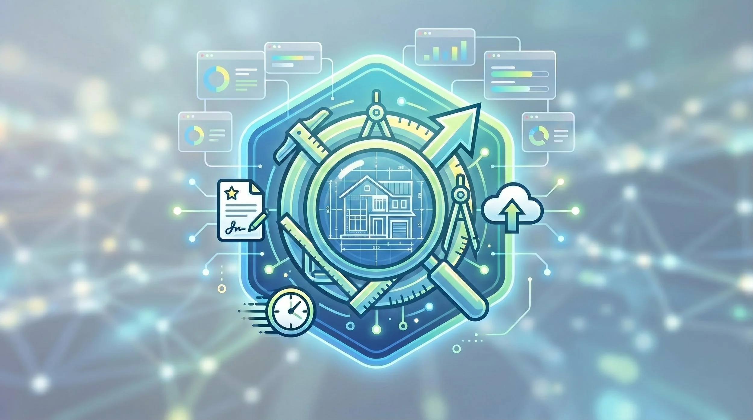 Digital illustration of real estate planning and construction, featuring blueprints of a house surrounded by icons of charts, graphs, a clock, and tools, with a magnifying glass highlighting the house design.
