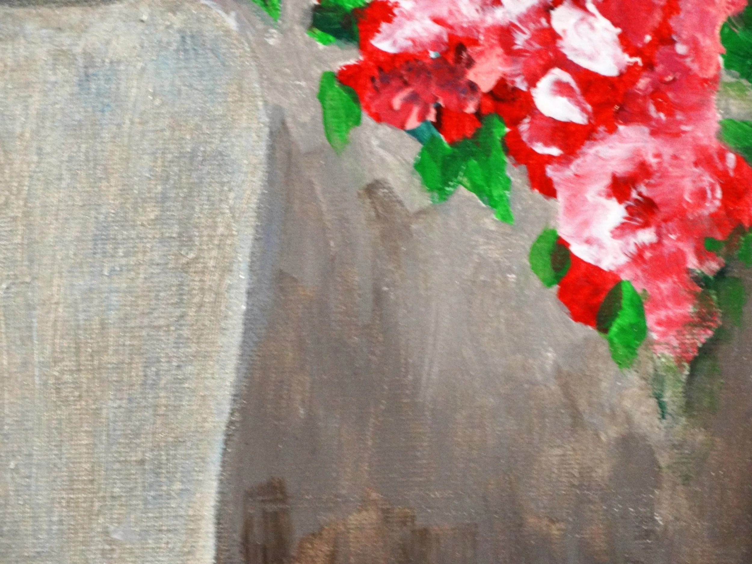 Close-up detail of Abundant Bloom showing the textured vase, part of the colorful flowers, background, and acrylic brushwork.