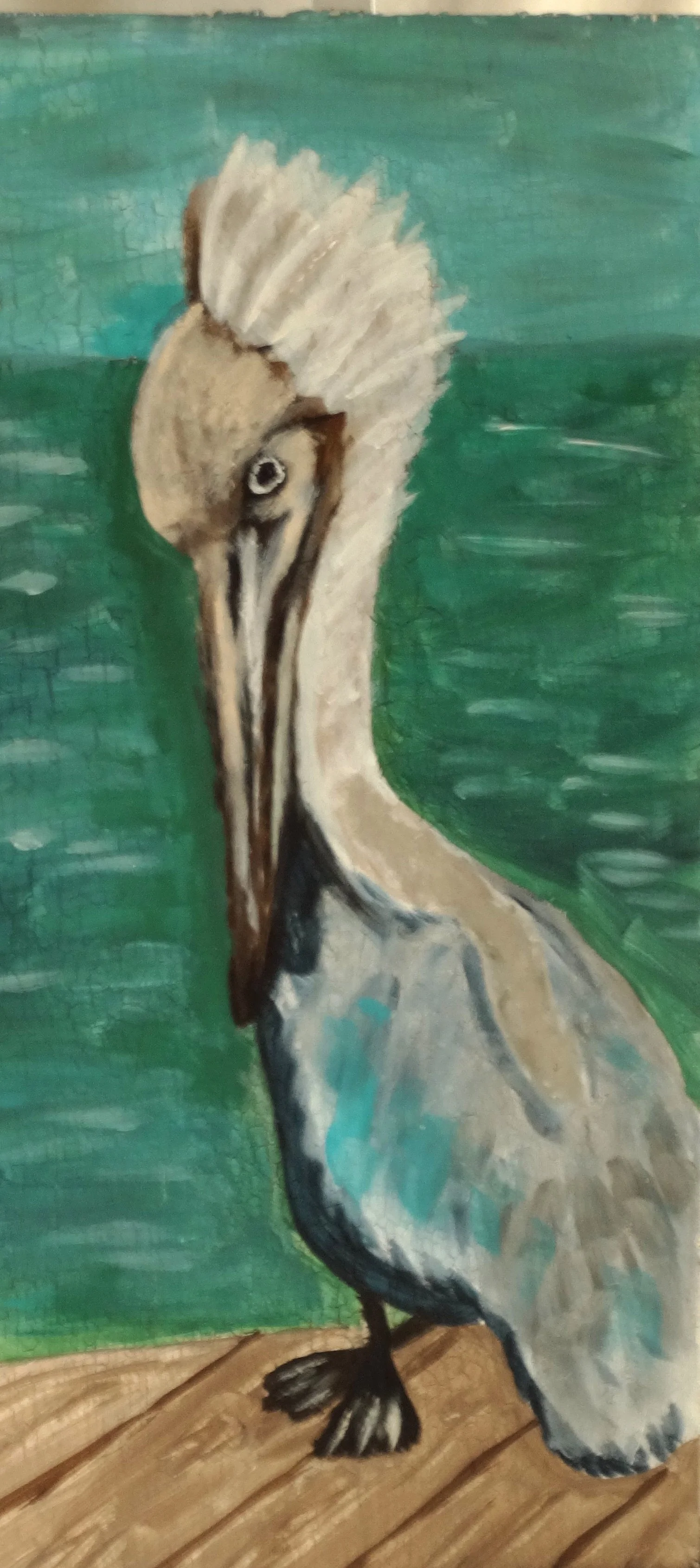 Dockside Sentinel original acrylic painting by Bonnie Seide, featuring a pelican standing on a weathered dock, painted on reclaimed furniture wood.