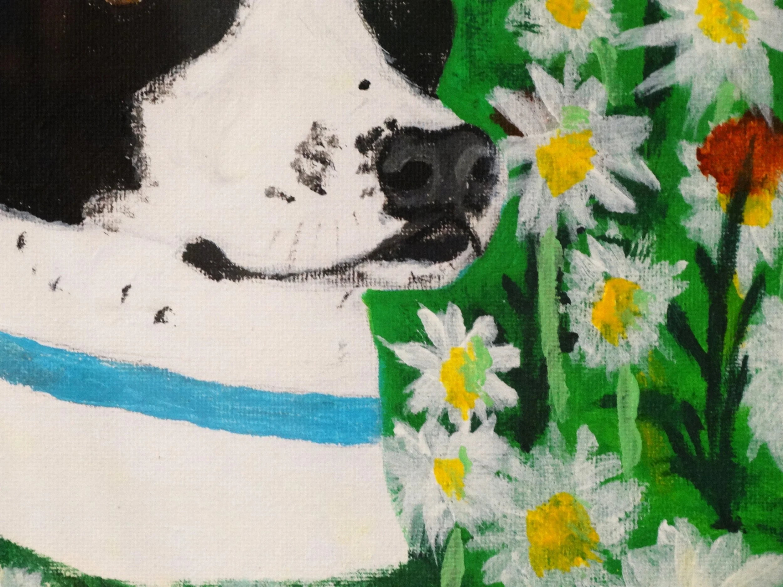 Close-up detail of Cali Among the Daisies showing Cali's nose and mouth, the surrounding flowers, and the acrylic brushwork.